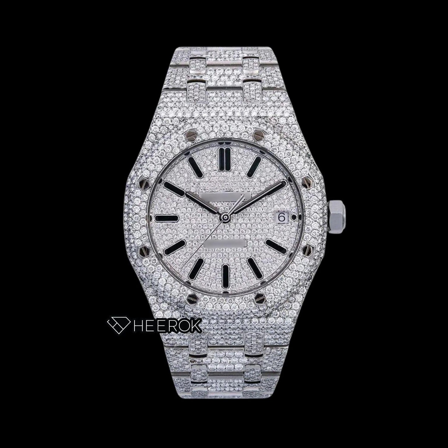 AP Royal Oak Full Pave Diamond Dial Black Stick Markers Diamond Bezel Fully Iced Out Moissanite Watch