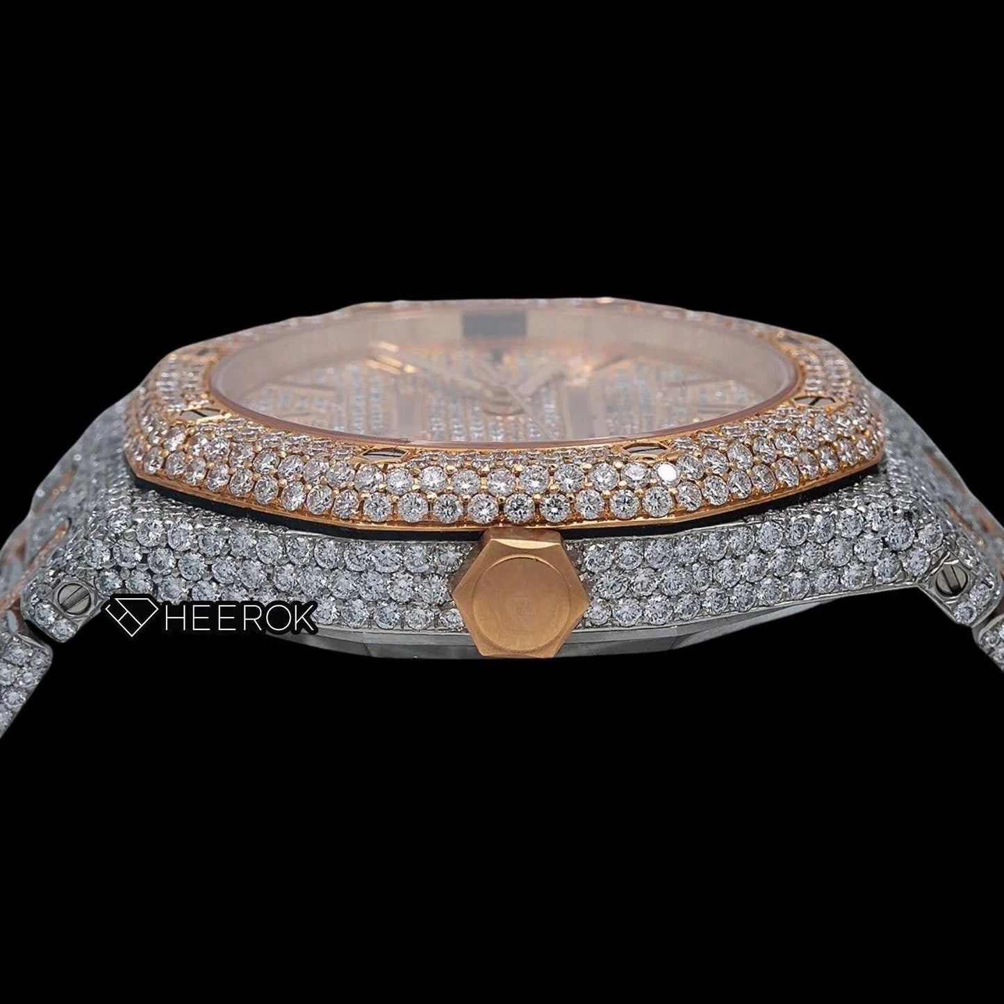 AP Royal Oak Full Pave Diamond Dial Black Stick Markers Rose Gold Diamond Bezel Two Tone Fully Iced Out Moissanite Watch For Women