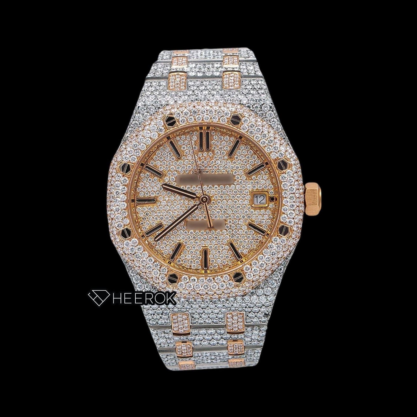 AP Royal Oak Full Pave Diamond Dial Black Stick Markers Rose Gold Diamond Bezel Two Tone Fully Iced Out Moissanite Watch For Women
