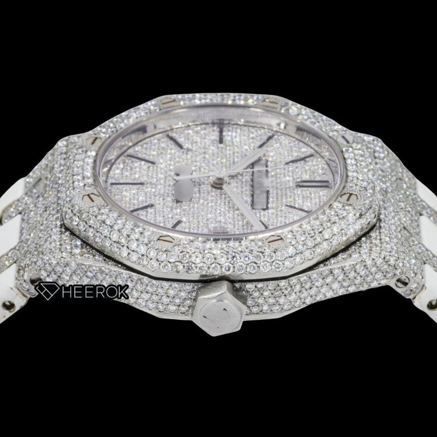 AP Royal Oak Full Pave Diamond Dial Black Stick Markers White Leather Strap Semi Iced Out Moissanite Watch