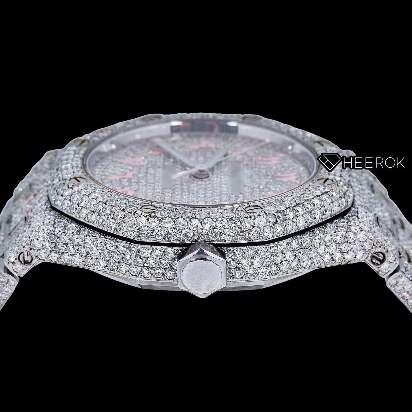 AP Royal Oak Full Pave Diamond Dial Pink Arabic Numerals Diamond Bezel Moissanite Diamond Watch