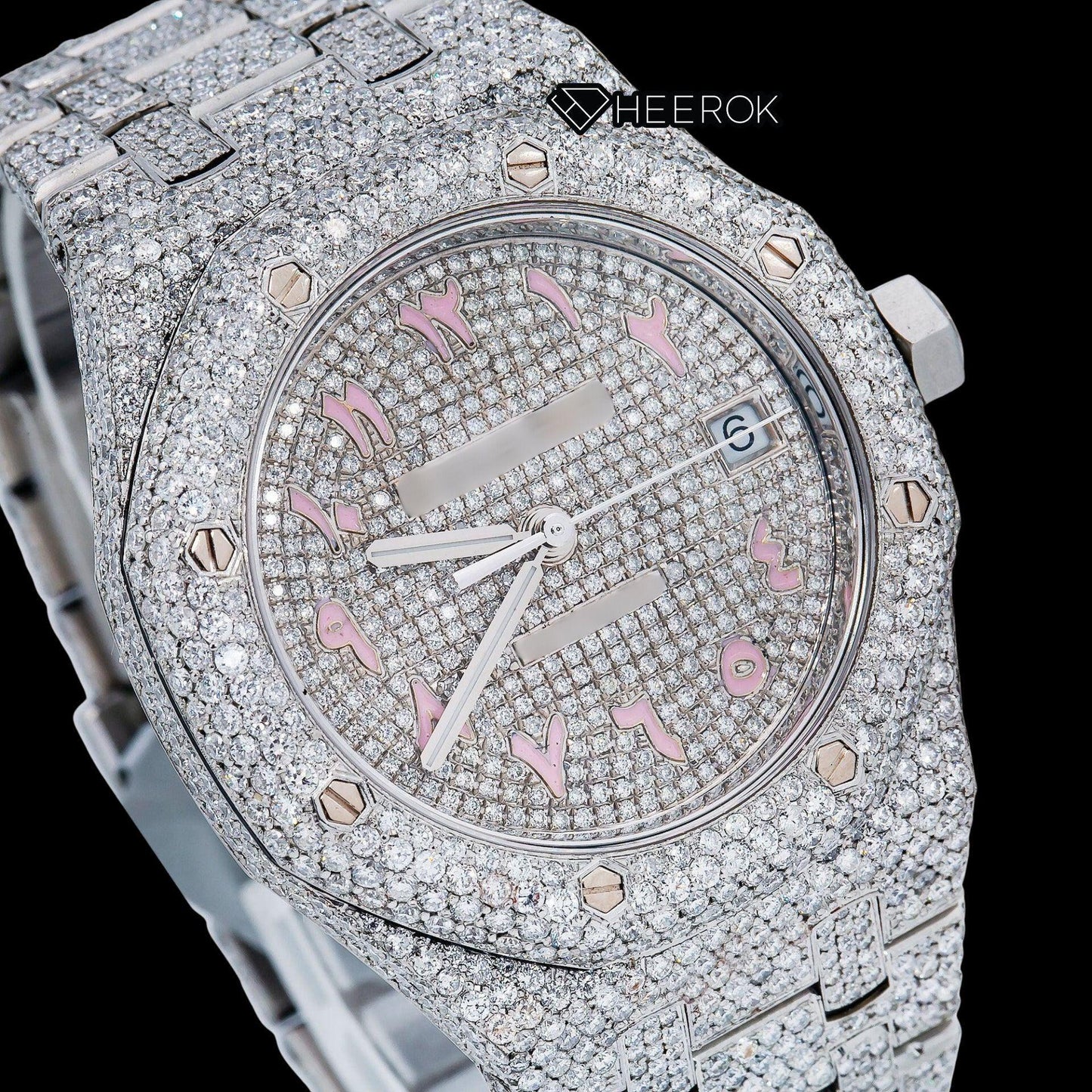 AP Royal Oak Full Pave Diamond Dial Pink Arabic Numerals Diamond Bezel Moissanite Diamond Watch