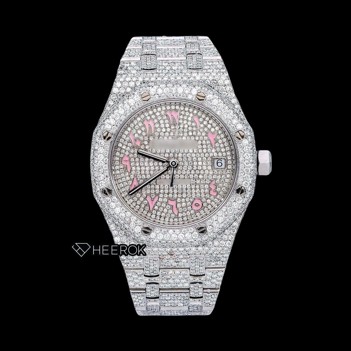 AP Royal Oak Full Pave Diamond Dial Pink Arabic Numerals Diamond Bezel Moissanite Diamond Watch