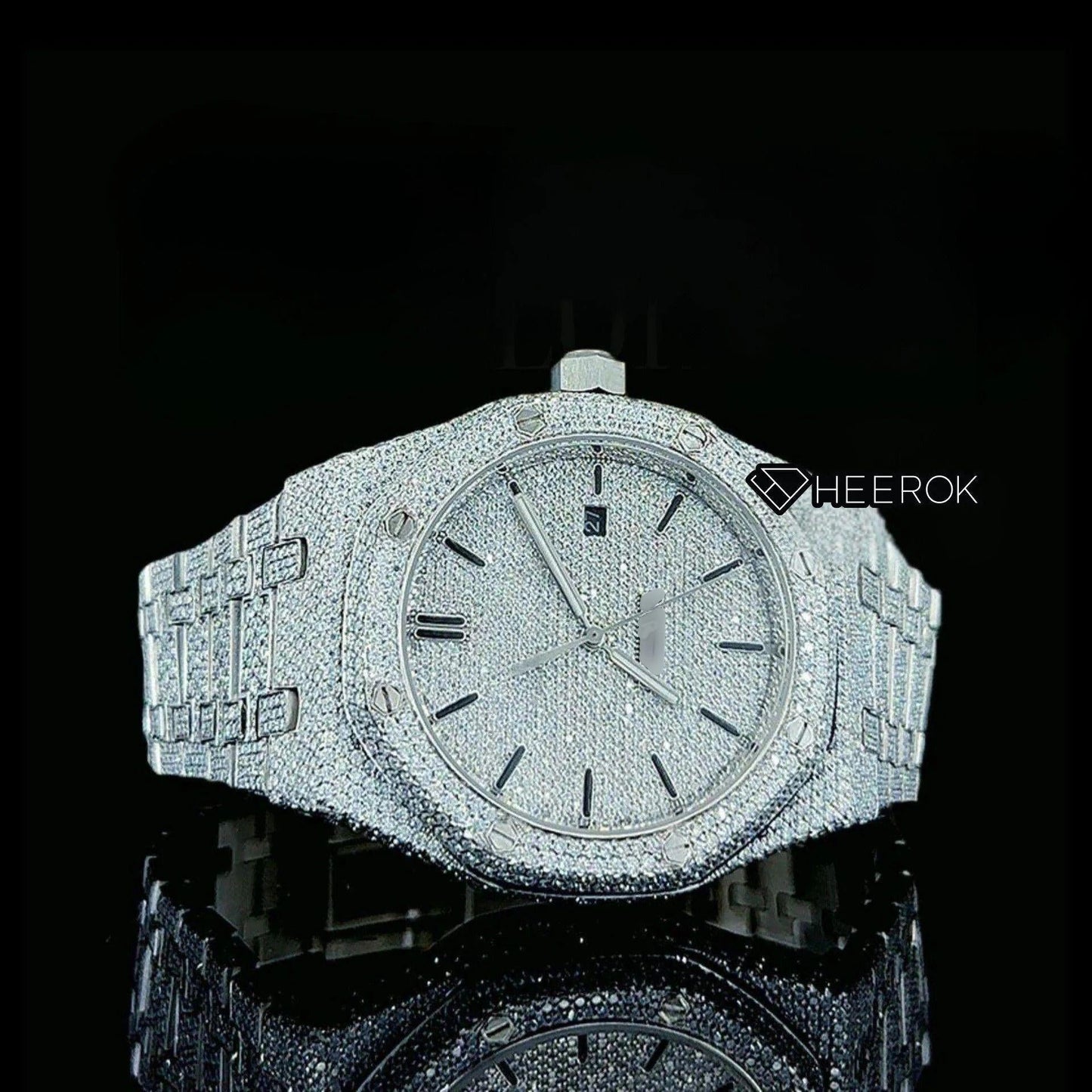 AP Royal Oak Fully Iced Out White Dial Black Stick Markers Diamond Bezel Moissanite Diamond Bracelet