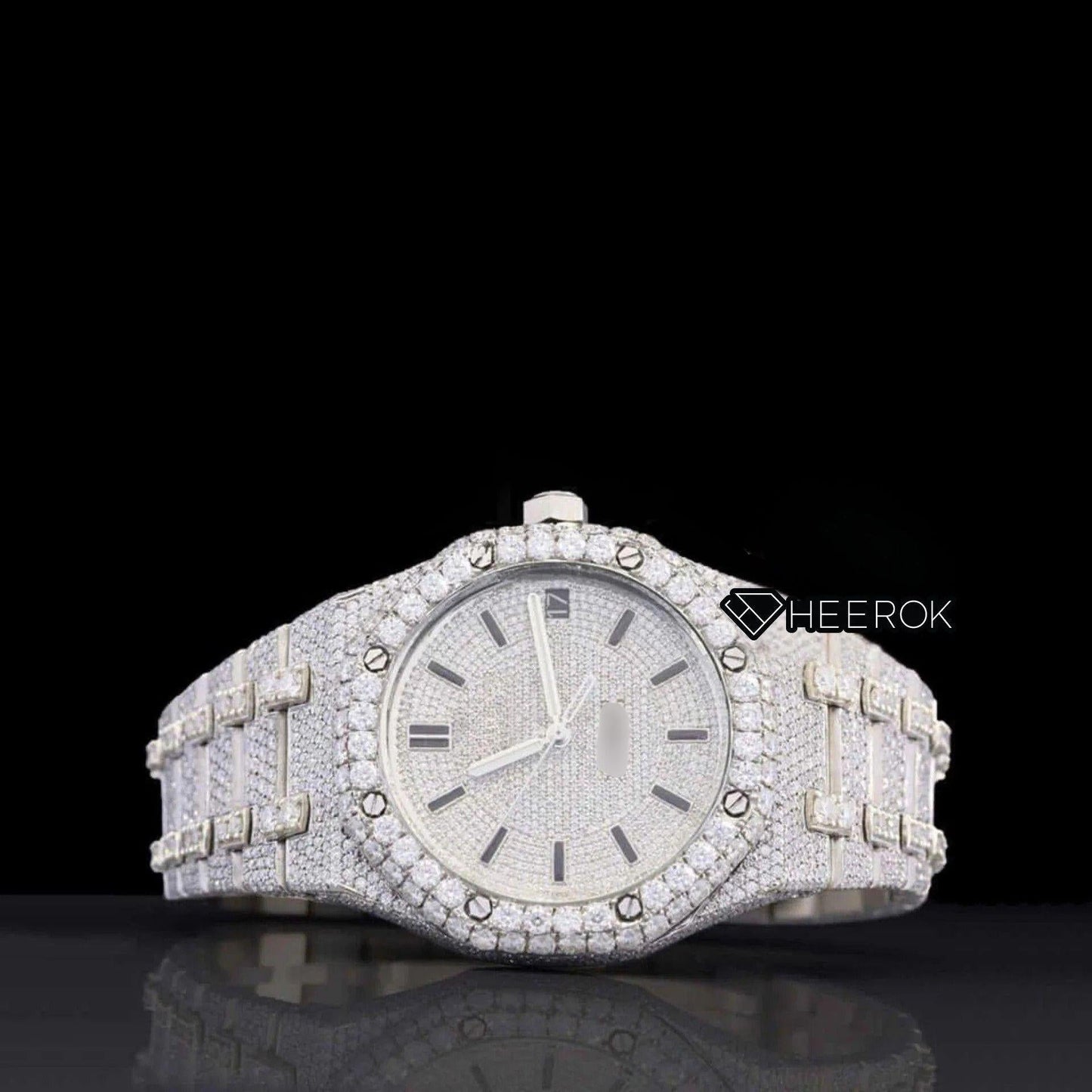 AP Royal Oak Fully Iced Out White Dial Stick Markers Large Round Diamond Bezel Moissanite Diamond
