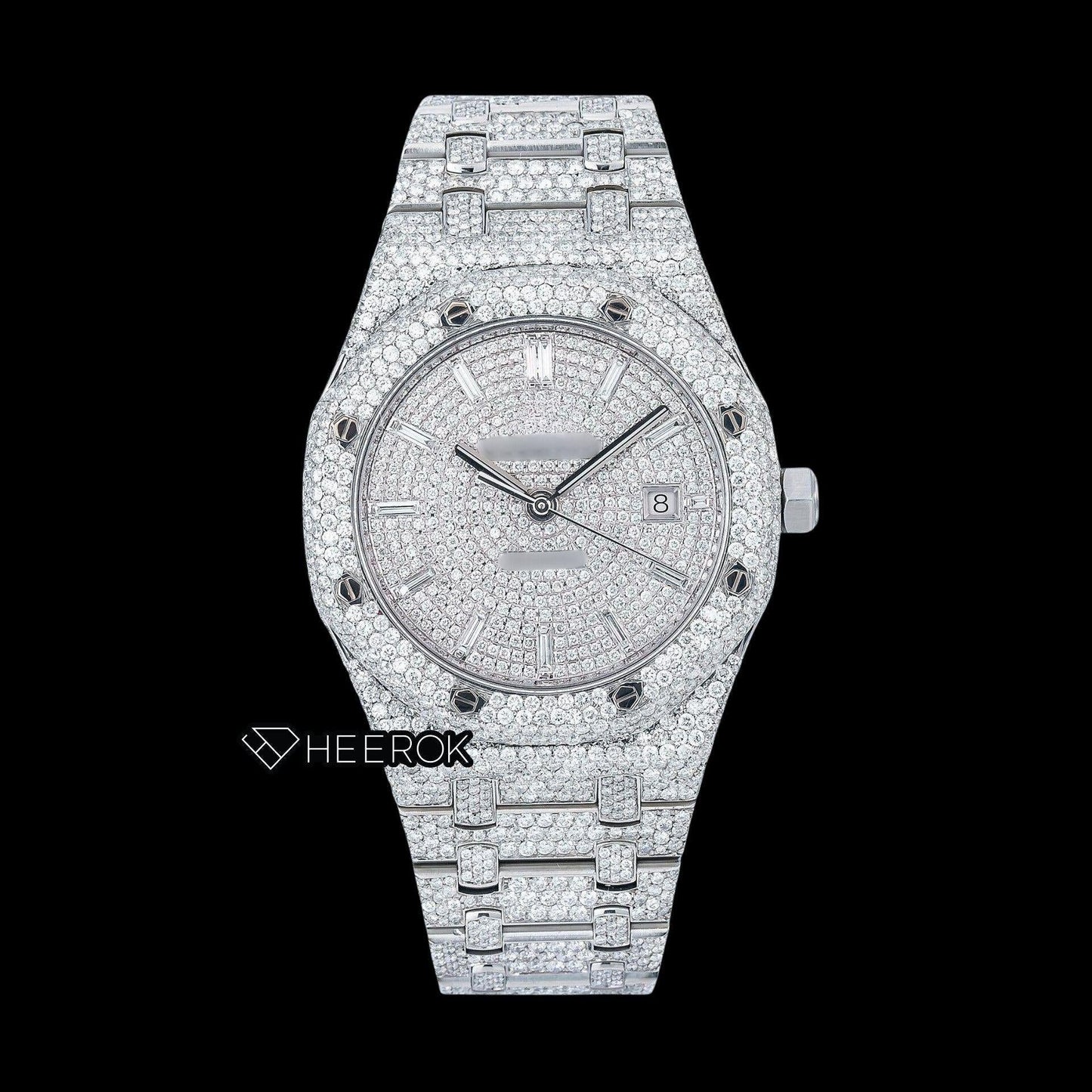 AP Royal Oak Fully Iced White Dial Baguette Diamond Markers Diamond Bezel Moissanite Diamond Watch