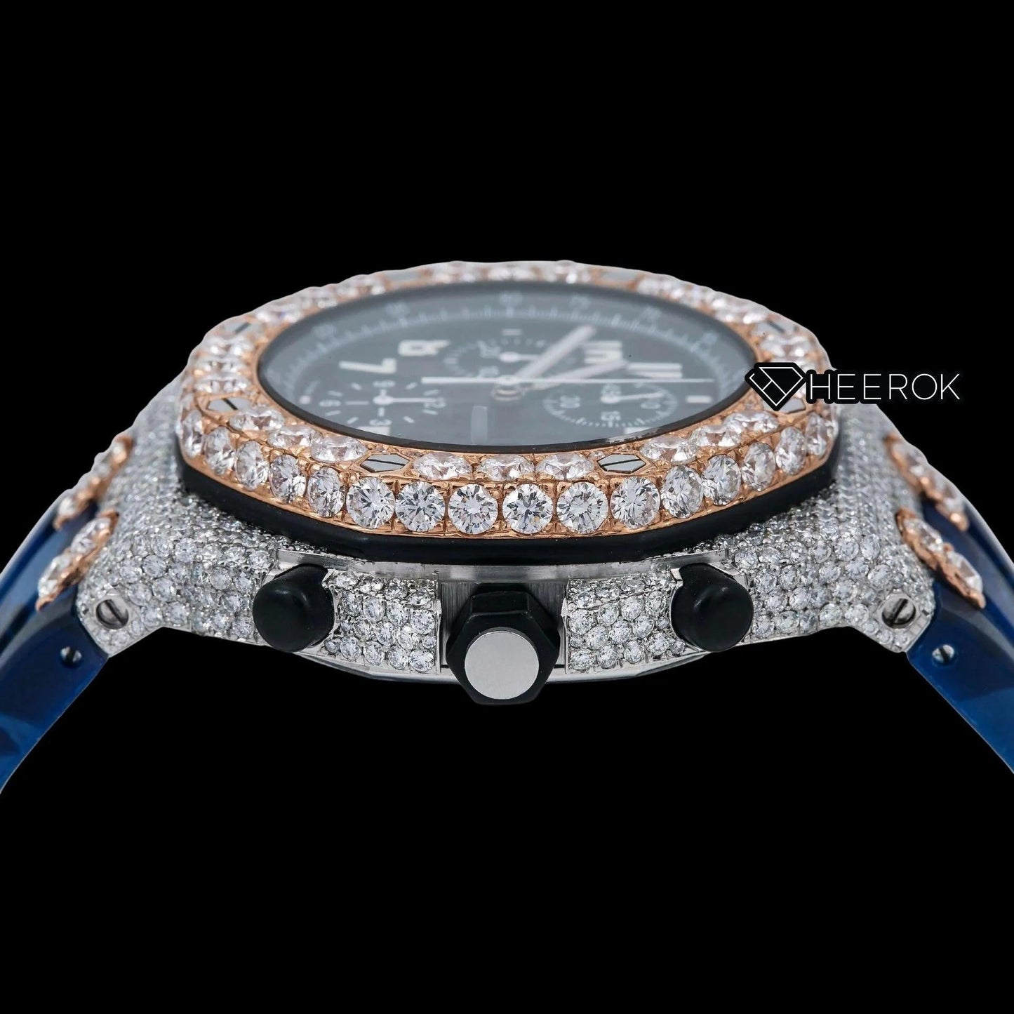 AP Royal Oak Offshore Chronograph Black Dial Standard Numerals Large Round Diamond Rose Gold Bezel Blue Camouflage Rubber Strap Semi Iced Out Moissanite Watch