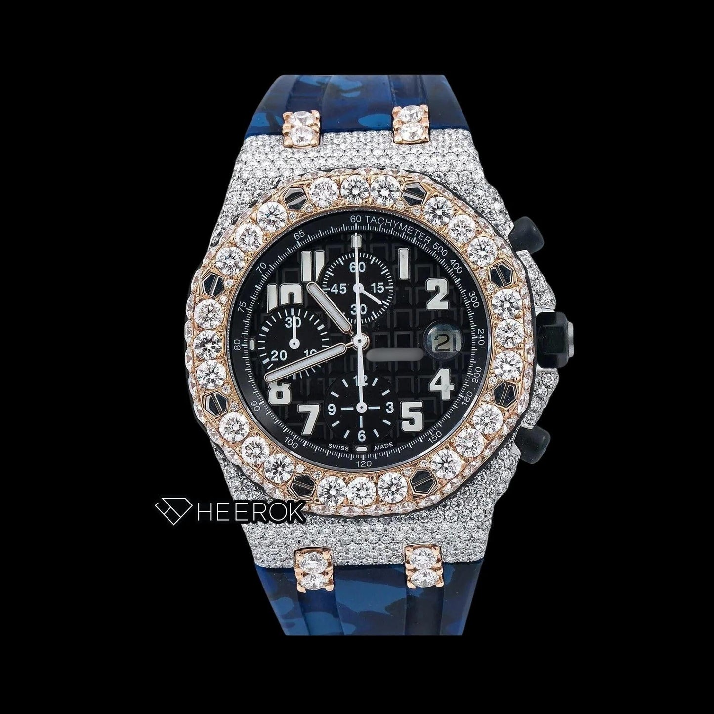 AP Royal Oak Offshore Chronograph Black Dial Standard Numerals Large Round Diamond Rose Gold Bezel Blue Camouflage Rubber Strap Semi Iced Out Moissanite Watch