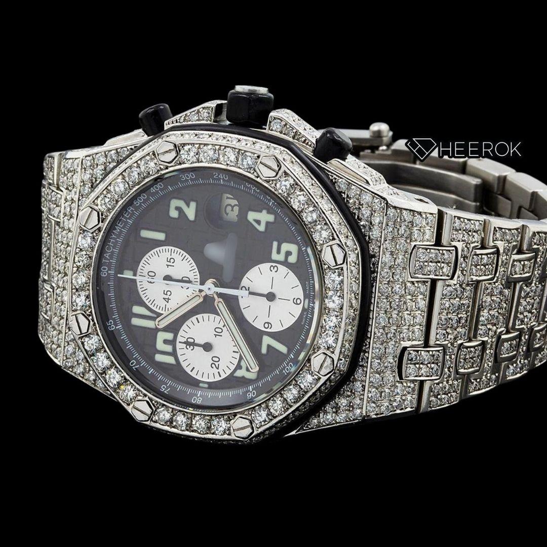 AP Royal Oak Offshore Chronograph Black Dial White Standard Numerals Diamond Bezel Fully Iced Out Moissanite Watch