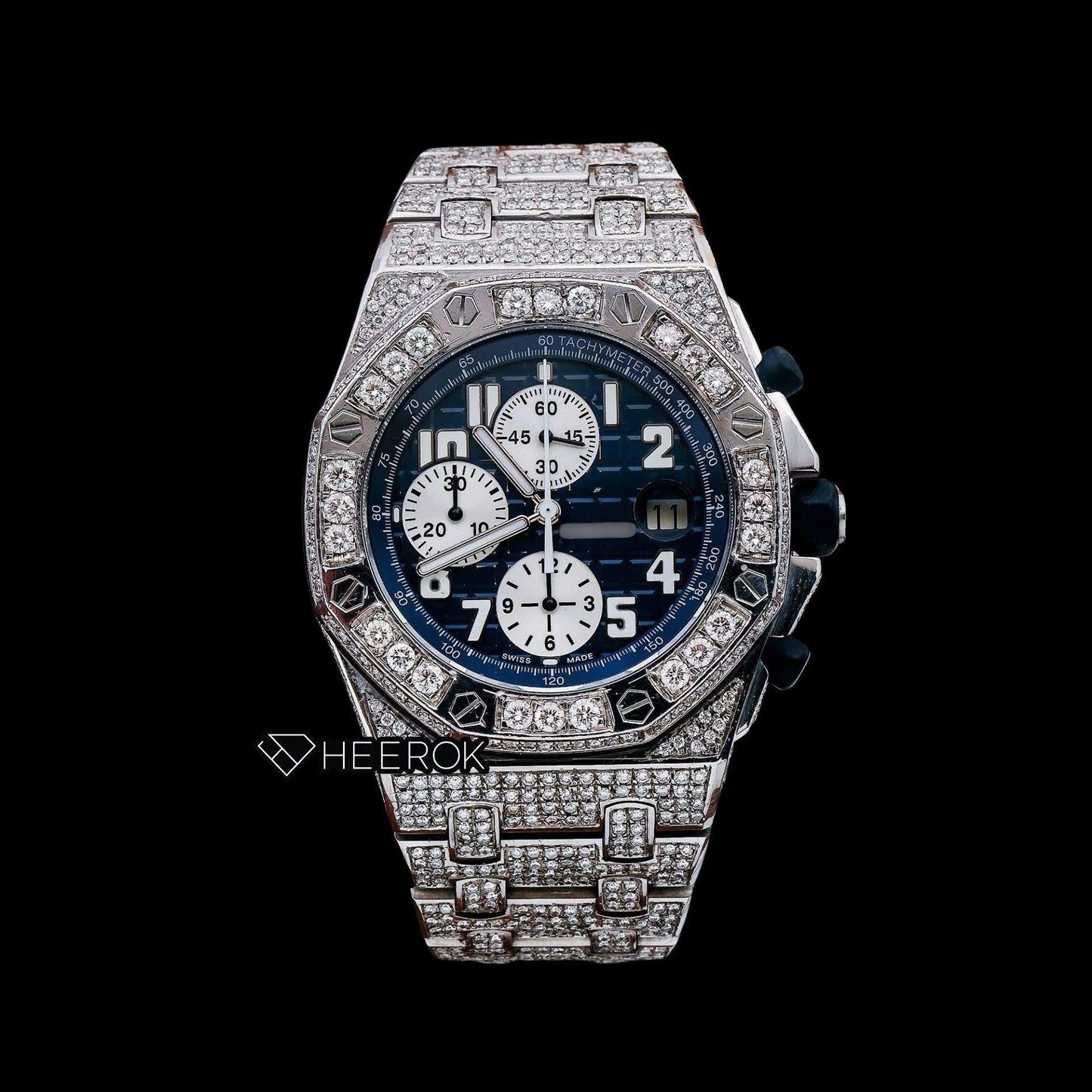 AP Royal Oak Offshore Chronograph Blue Dial White Standard Numerals Large Round Diamond Bezel Fully Iced Out Moissanite Watch