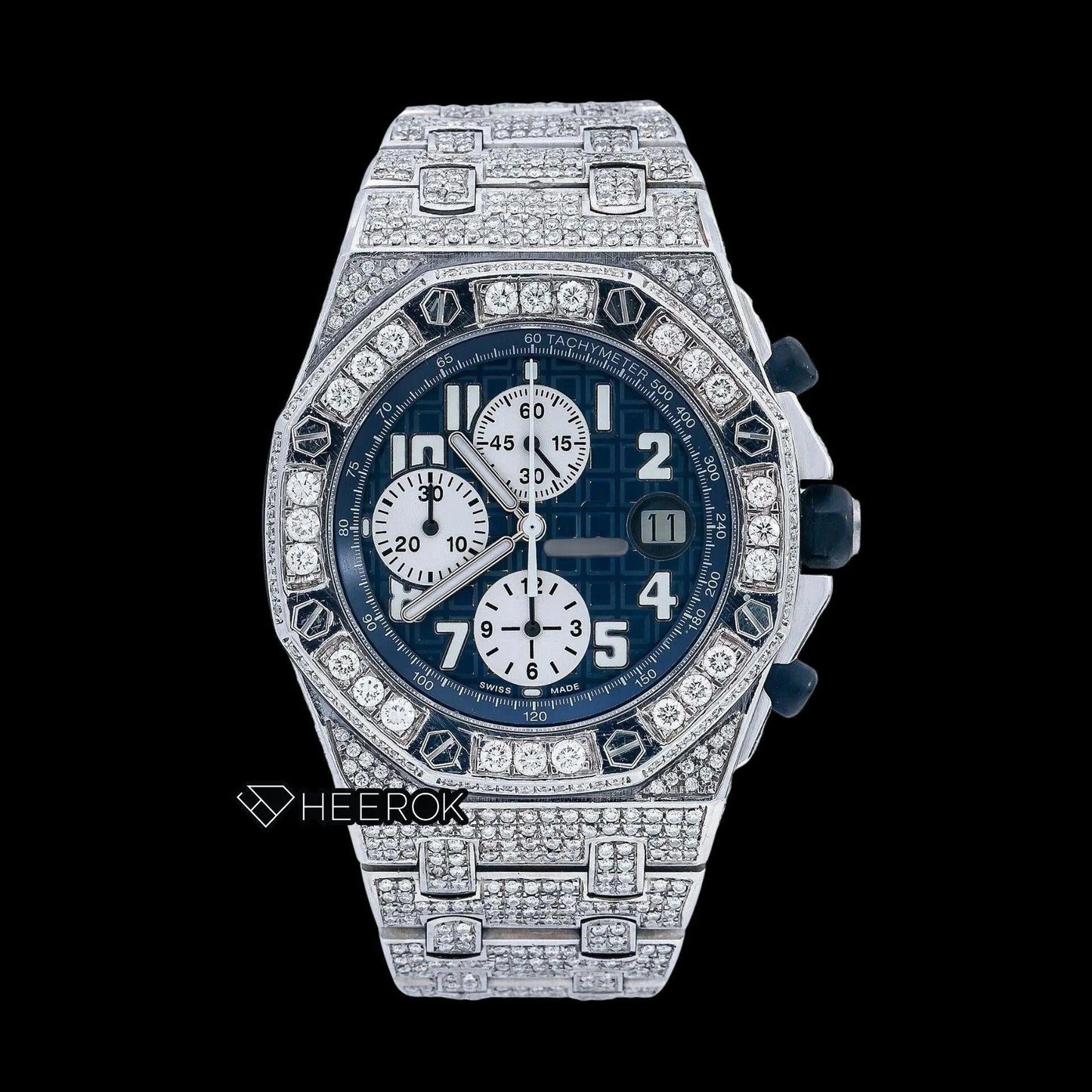 AP Royal Oak Offshore Chronograph Blue Dial White Standard Numerals Large Round Diamond Bezel Fully Iced Out Moissanite Watch