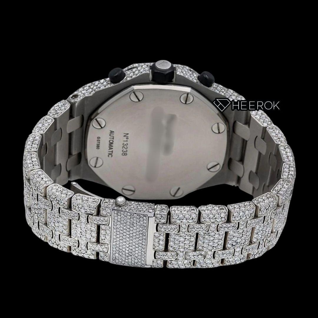 AP Royal Oak Offshore Chronograph Full Pave Diamond Dial Black Standard Numerals Diamond Bezel Fully Iced Out Moissanite Watch