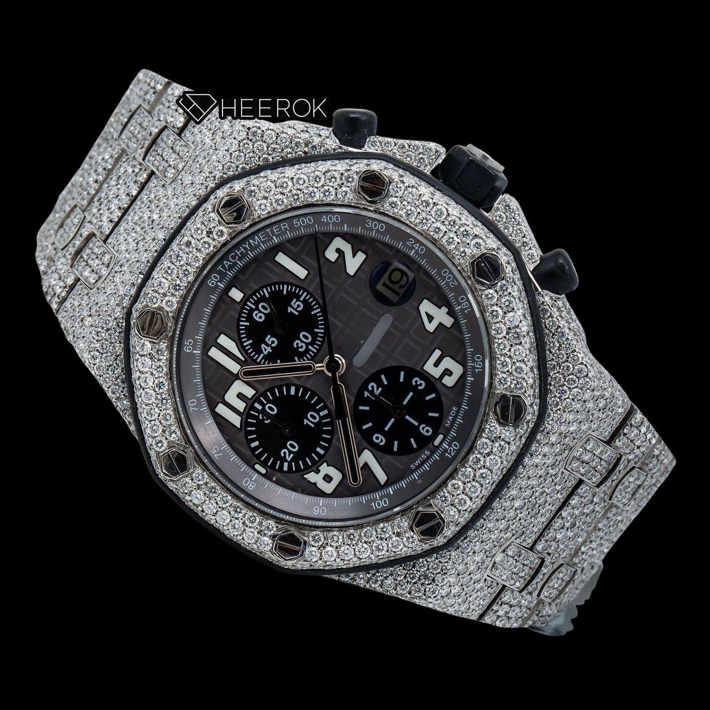 AP Royal Oak Offshore Chronograph Grey Dial White Standard Numerals Diamond Bezel Fully Iced Out Moissanite Watch