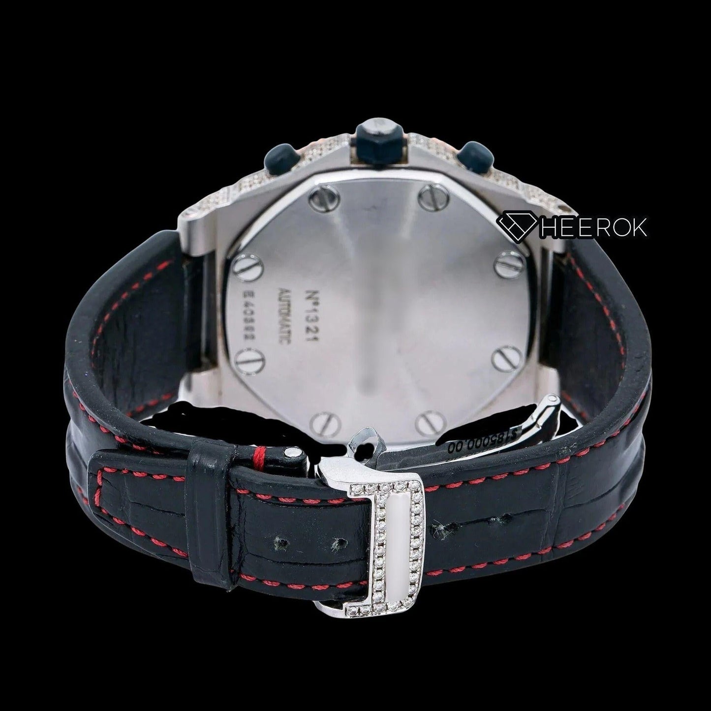 AP Royal Oak Offshore Chronograph Pave Diamond Dial Black Standard Numerals Rose Gold Diamond Bezel Black Leather Strap Semi Iced Out Moissanite Watch