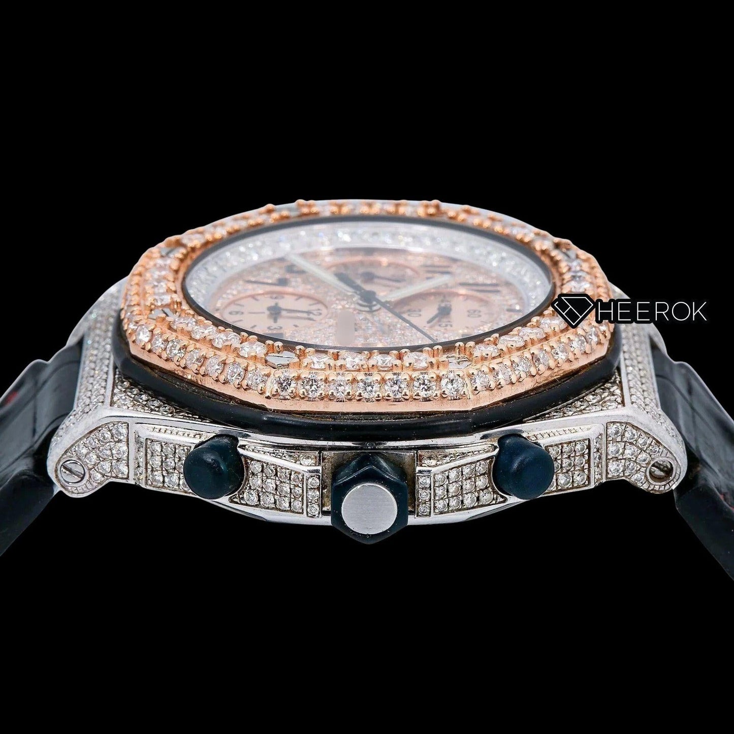 AP Royal Oak Offshore Chronograph Pave Diamond Dial Black Standard Numerals Rose Gold Diamond Bezel Black Leather Strap Semi Iced Out Moissanite Watch