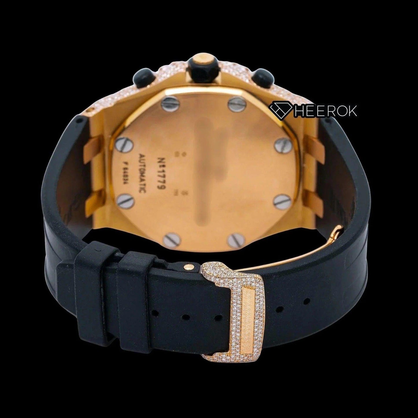 AP Royal Oak Offshore Chronograph  Rose Gold Dial Standard Numerals Diamond Bezel Black Rubber Strap Semi Iced Moissanite Diamond Watch