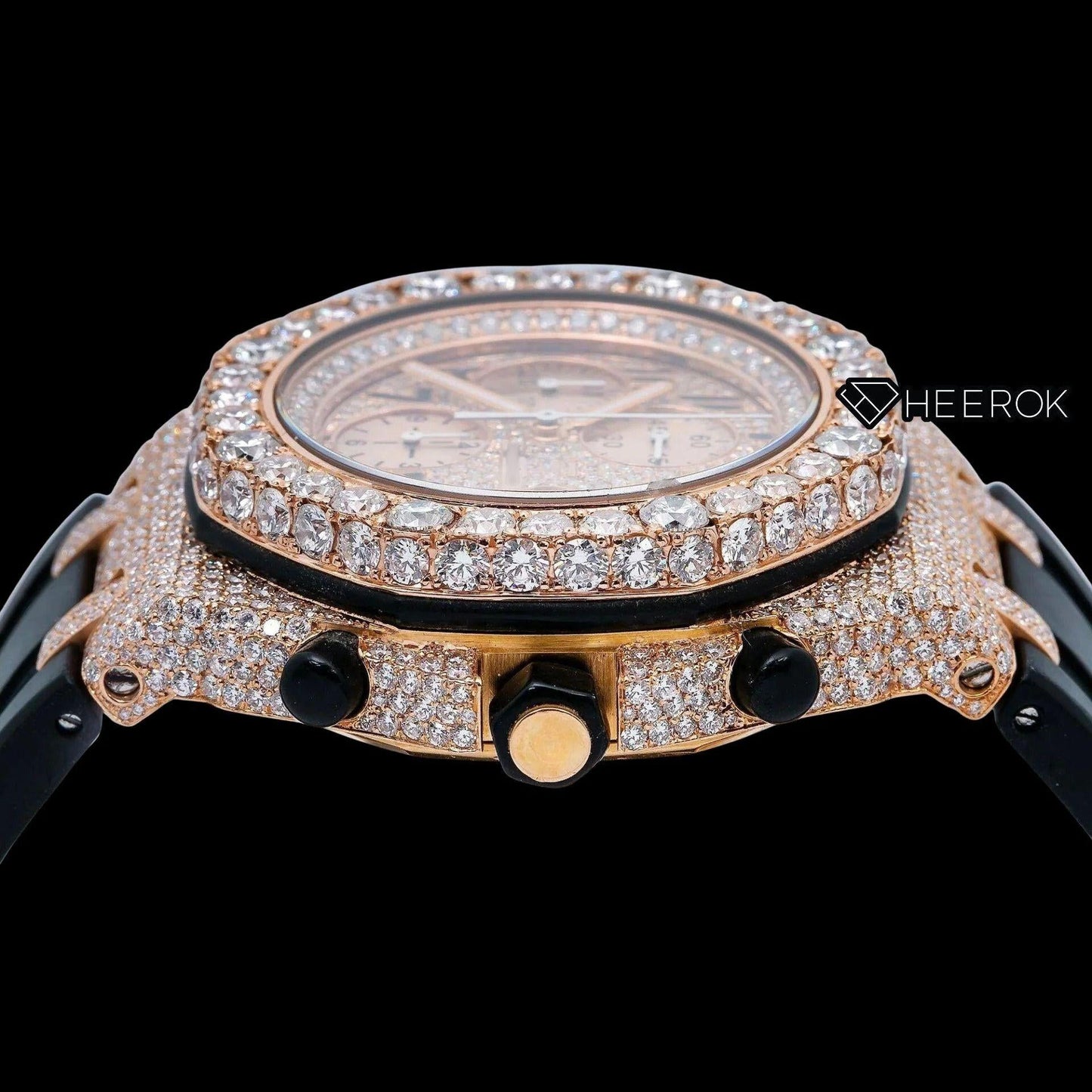 AP Royal Oak Offshore Chronograph  Rose Gold Dial Standard Numerals Diamond Bezel Black Rubber Strap Semi Iced Moissanite Diamond Watch