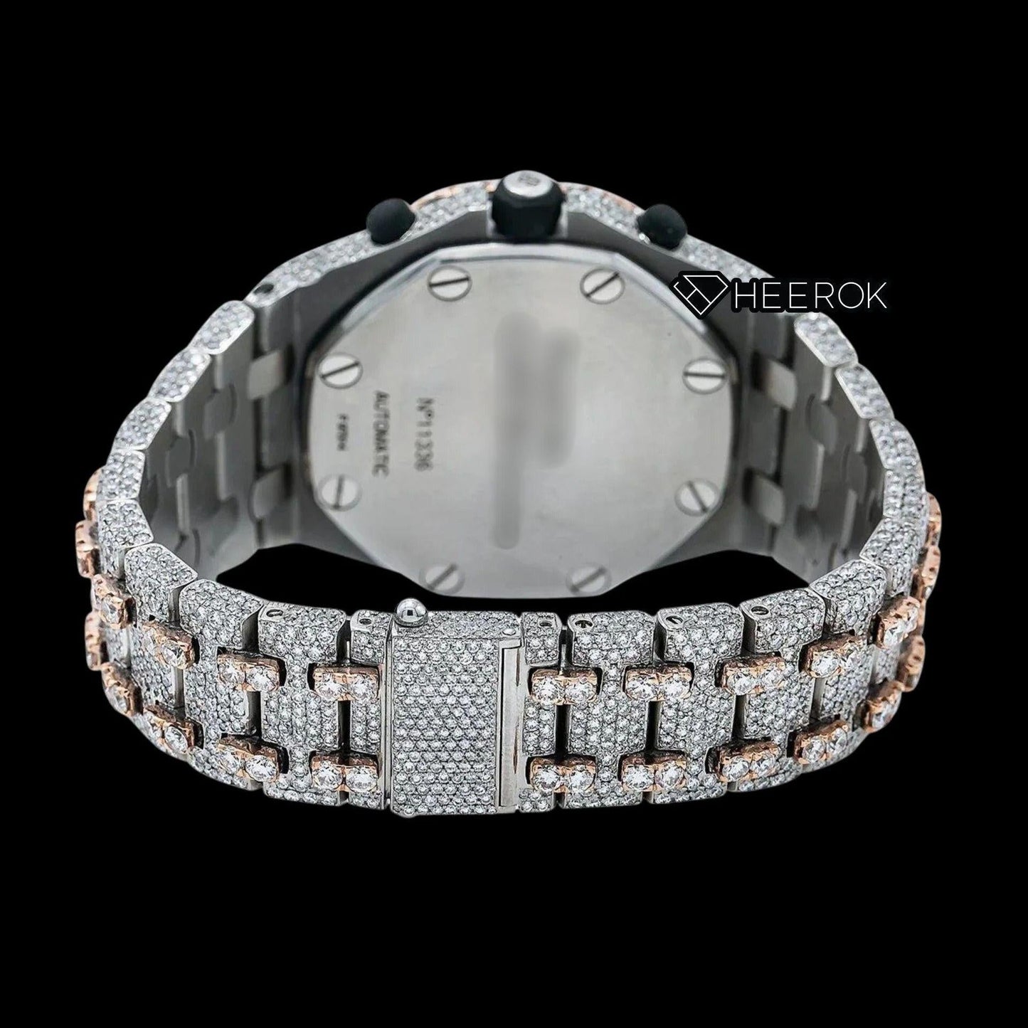 AP Royal Oak Offshore Chronograph White Dial Standard Numerals Large Round Diamond Bezel Rose Gold Two Tone Fully Iced Out Moissanite Watch