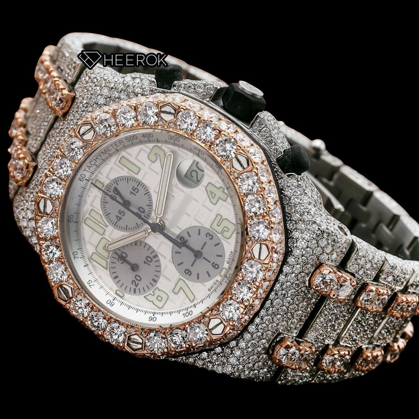 AP Royal Oak Offshore Chronograph White Dial Standard Numerals Large Round Diamond Bezel Rose Gold Two Tone Fully Iced Out Moissanite Watch