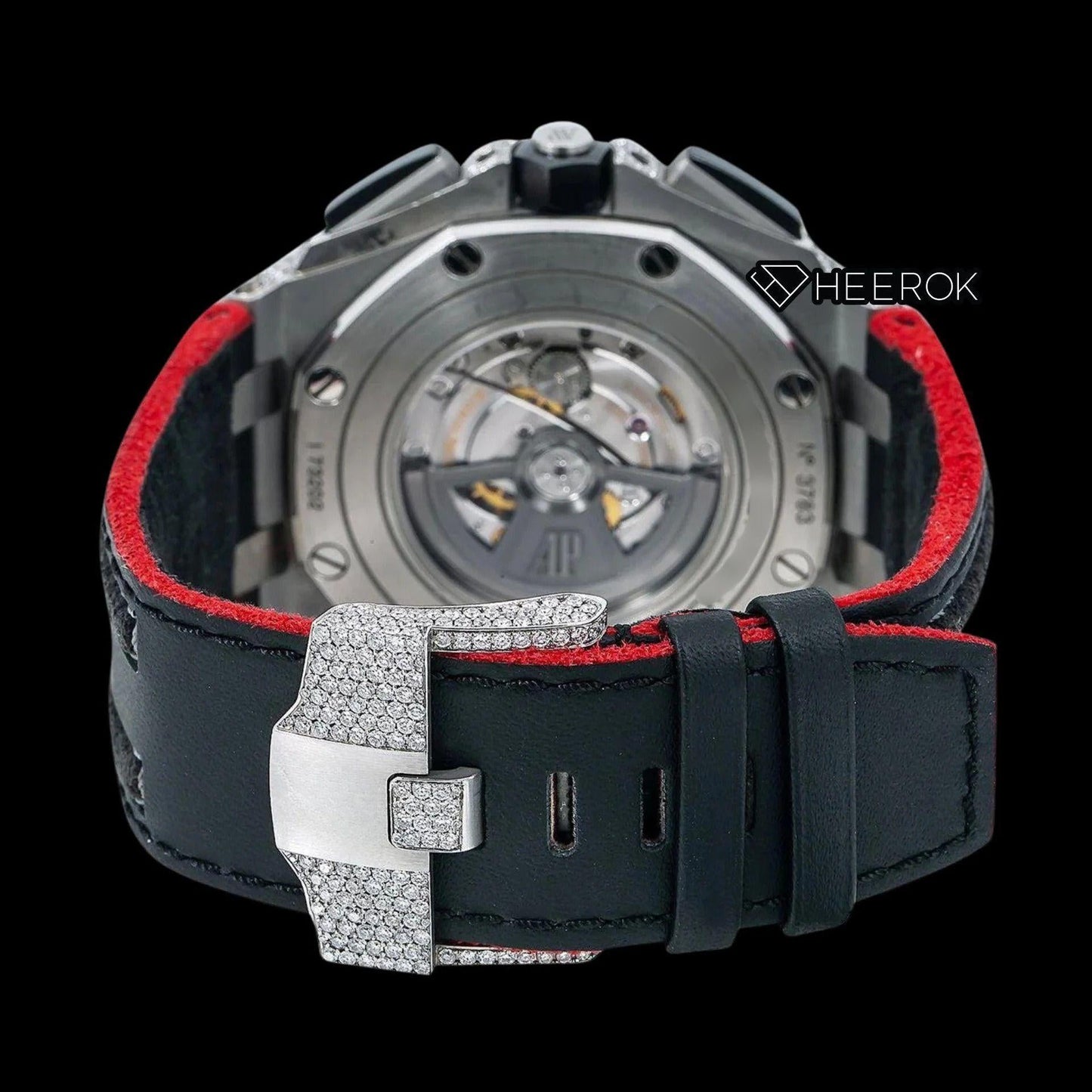 AP Royal Oak Offshore Full Pave Chronograph Diamond Dial Stick Markers Diamond Bezel Black Leather Strap Semi Iced Out Moissanite Watch