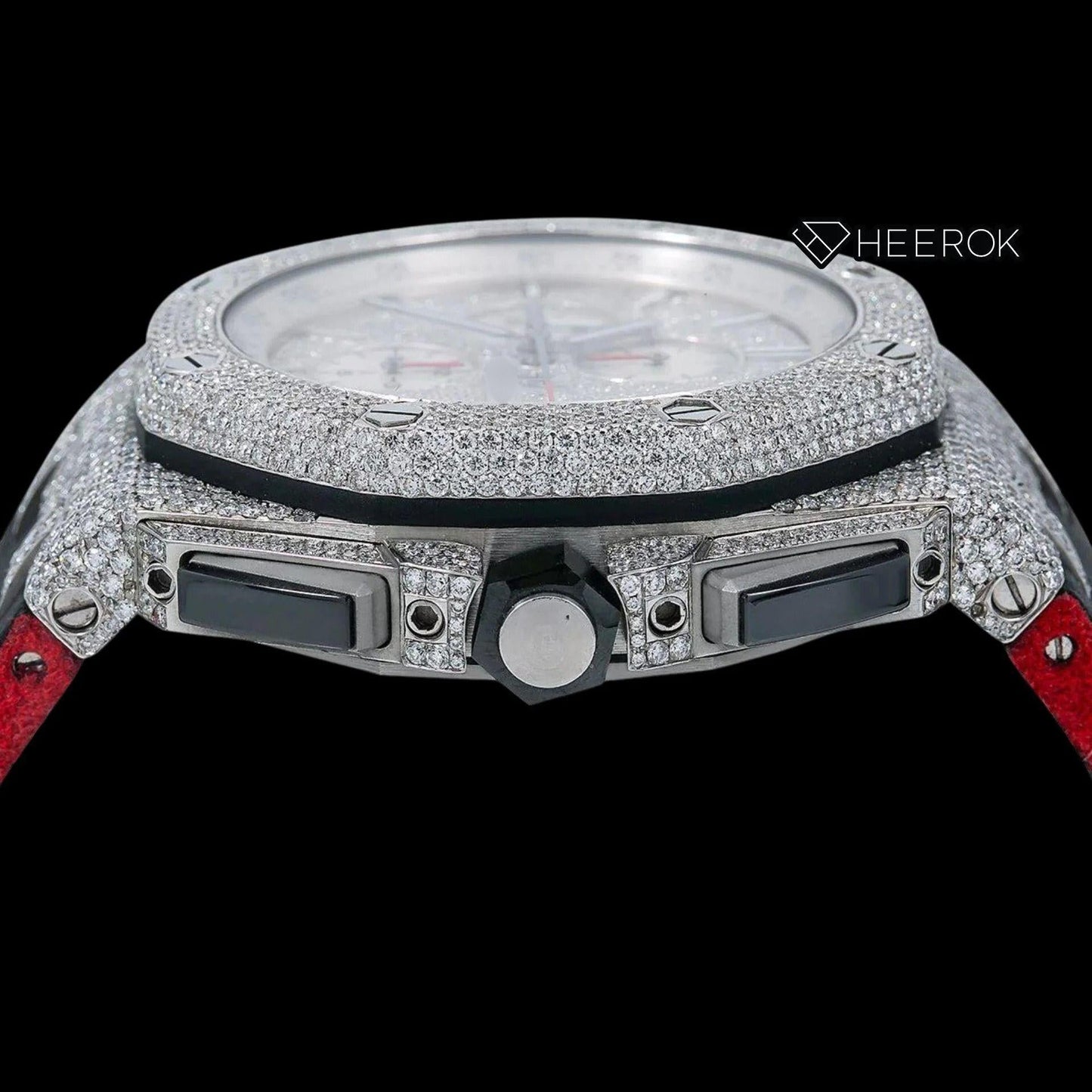 AP Royal Oak Offshore Full Pave Chronograph Diamond Dial Stick Markers Diamond Bezel Black Leather Strap Semi Iced Out Moissanite Watch