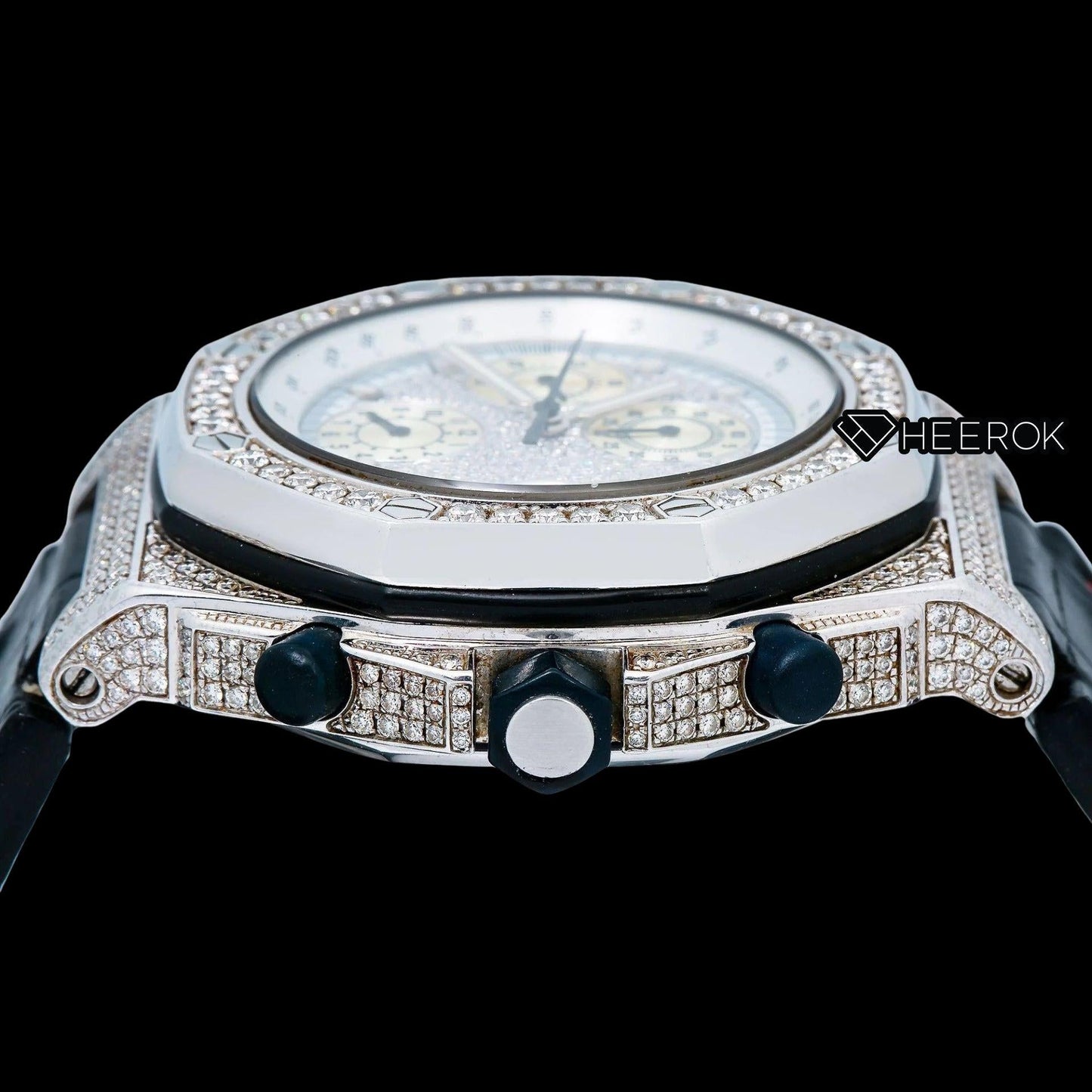 AP Royal Oak Offshore White Dial Diamond Markers Diamond Bezel Leather Strap Semi Iced Moissanite Diamond Watch