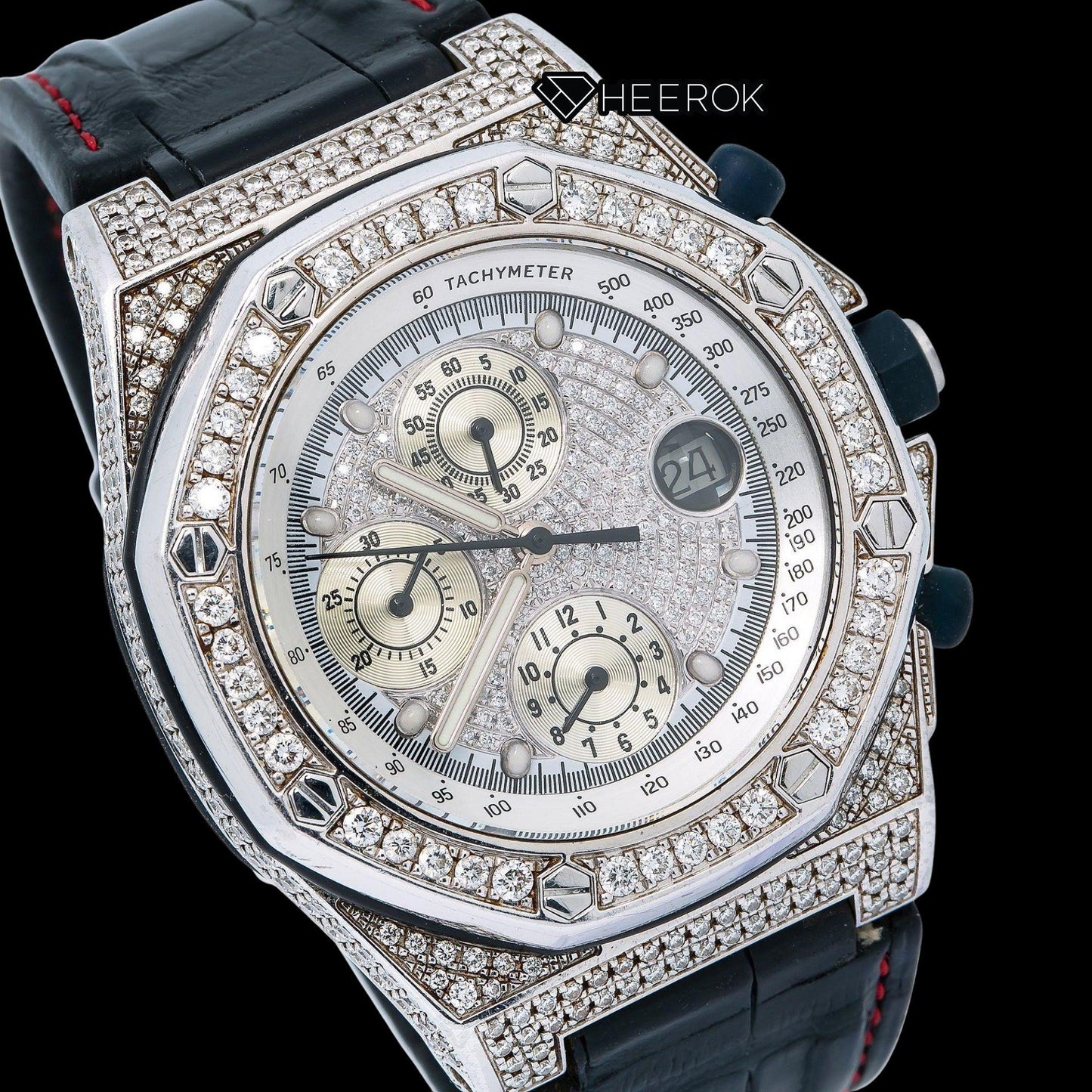 AP Royal Oak Offshore White Dial Diamond Markers Diamond Bezel Leather Strap Semi Iced Moissanite Diamond Watch