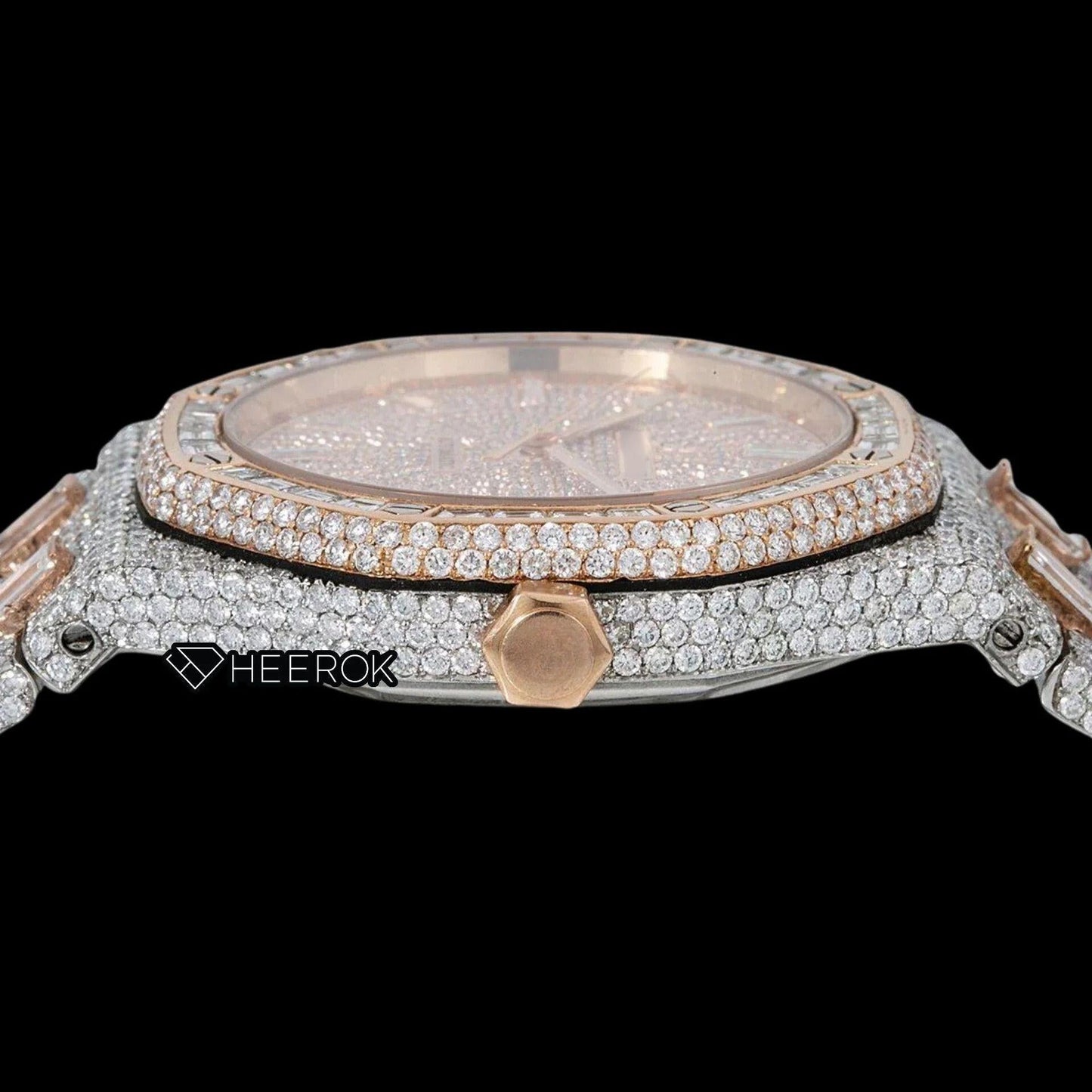 AP Royal Oak Pave Diamond Dial Baguette Diamond Markers Rose Gold Baguette Diamond Bezel Two Tone Fully Iced Out Moissanite Watch