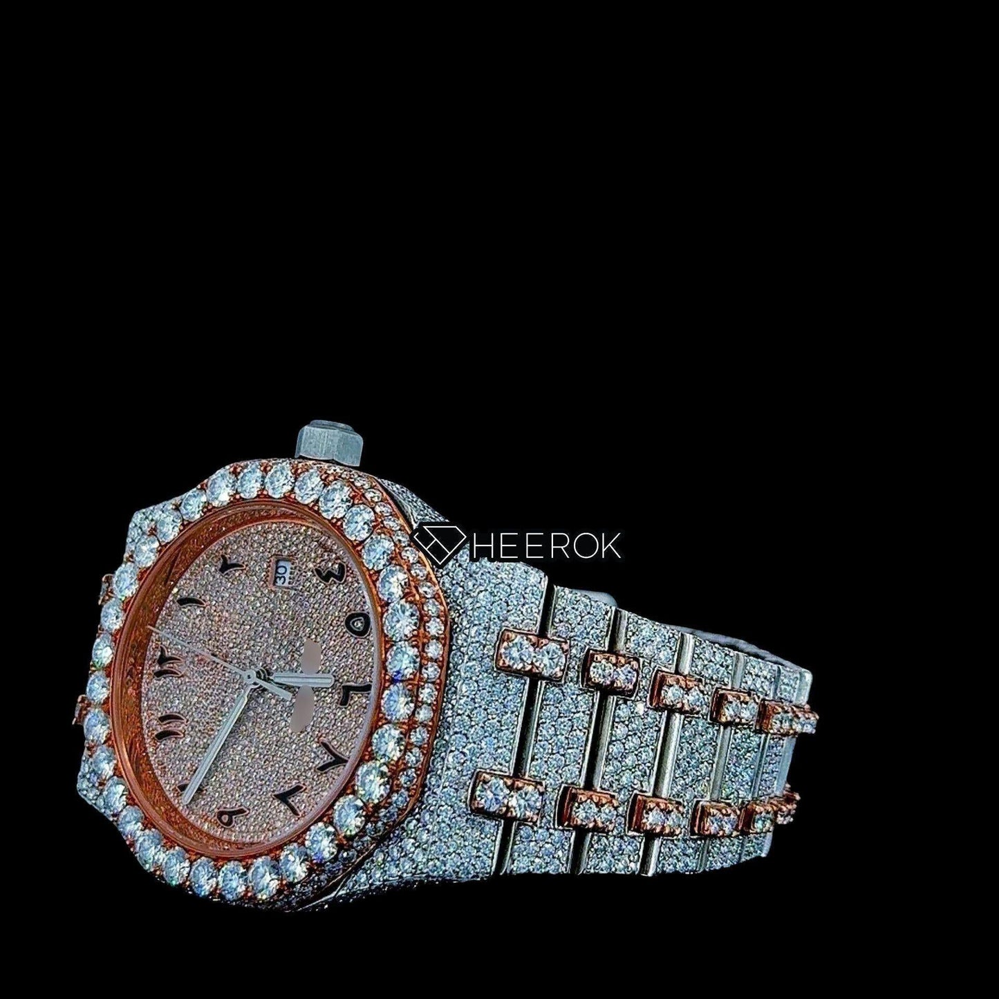 AP Royal Oak Rose Gold Dial Arabic Numerals Diamond Bezel Two Tone Rose Gold Moissanite Diamond Bracelet