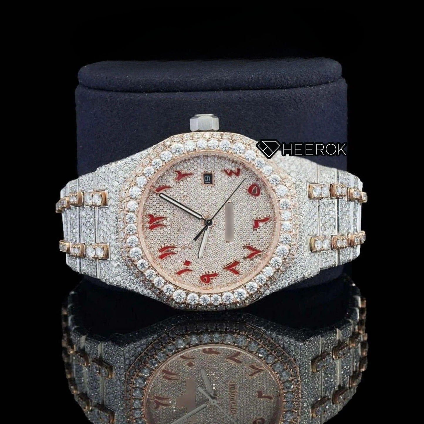 AP Royal Oak Rose Gold Dial Red Arabic Numerals Diamond Bezel Two Tone Rose Gold Moissanite Diamond Bracelet
