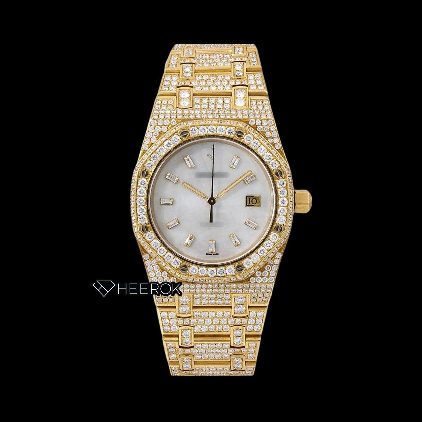 AP Royal Oak White Dial Baguette Diamond Markers Diamond Bezel Fully Iced Yellow Gold Moissanite Watch For Women