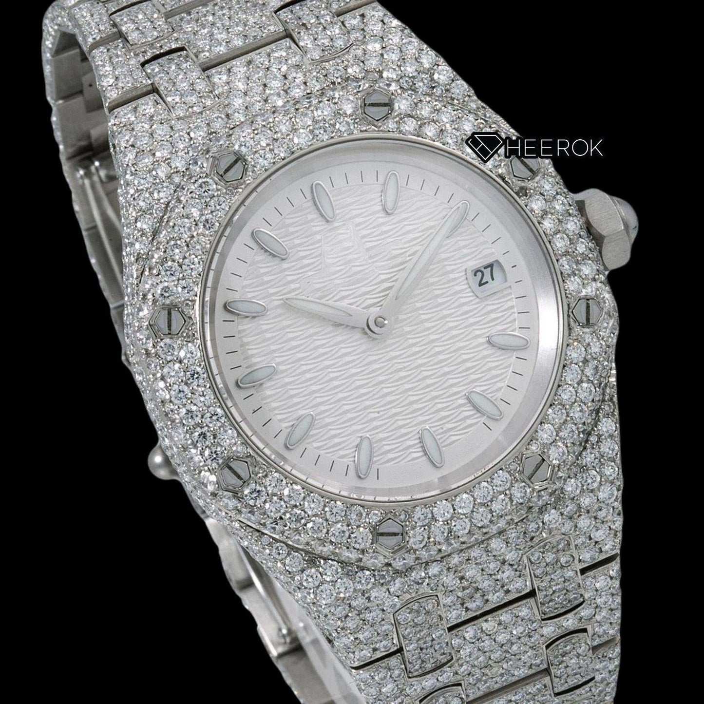 AP Royal Oak White Dial Oval Markers Diamond Bezel Fully Iced Moissanite Diamond Watch For Women