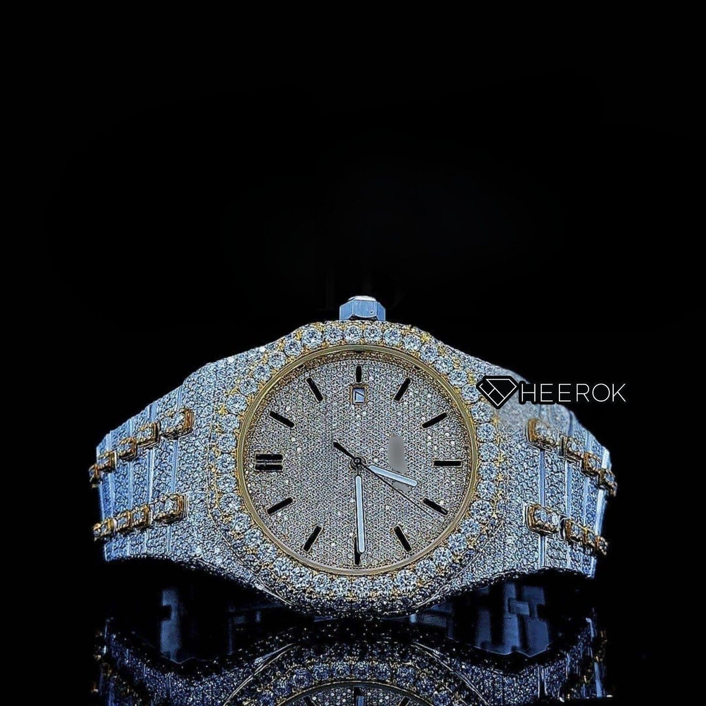 AP Royal Oak Yellow Dial Black Stick Markers Diamond Bezel Two Tone Yellow Gold Moissanite Diamond For Women