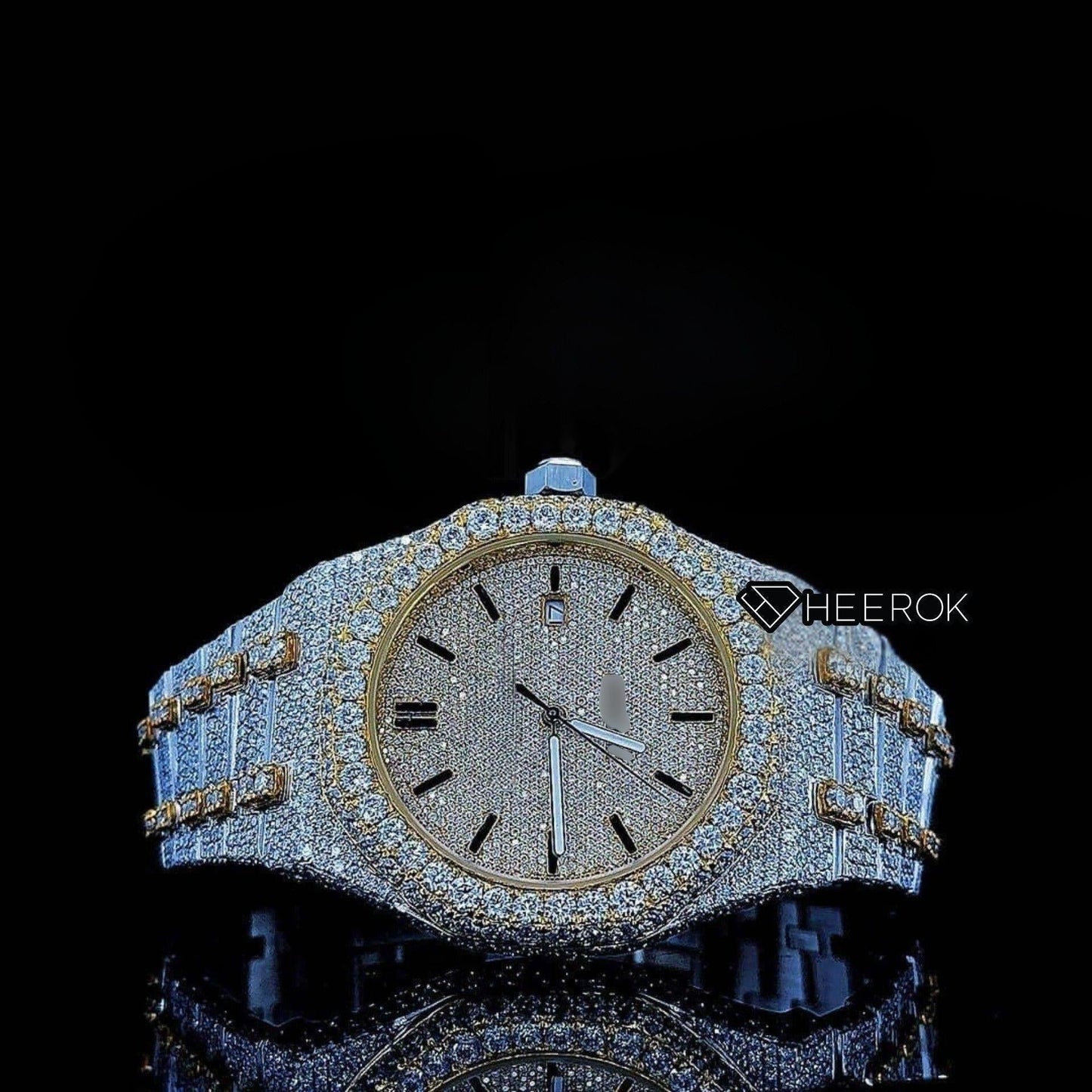 AP Royal Oak Yellow Dial Black Stick Markers Diamond Bezel Two Tone Yellow Gold Moissanite Diamond