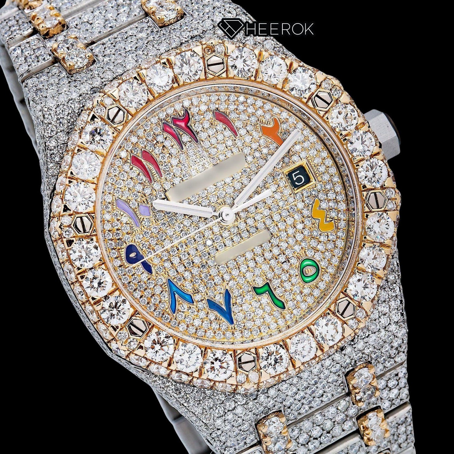 AP Royal Oak Yellow Gold Dial Multicolor Arabic Numerals Large Round Diamond Bezel Two Tone Yellow Gold Moissanite Diamond Watch