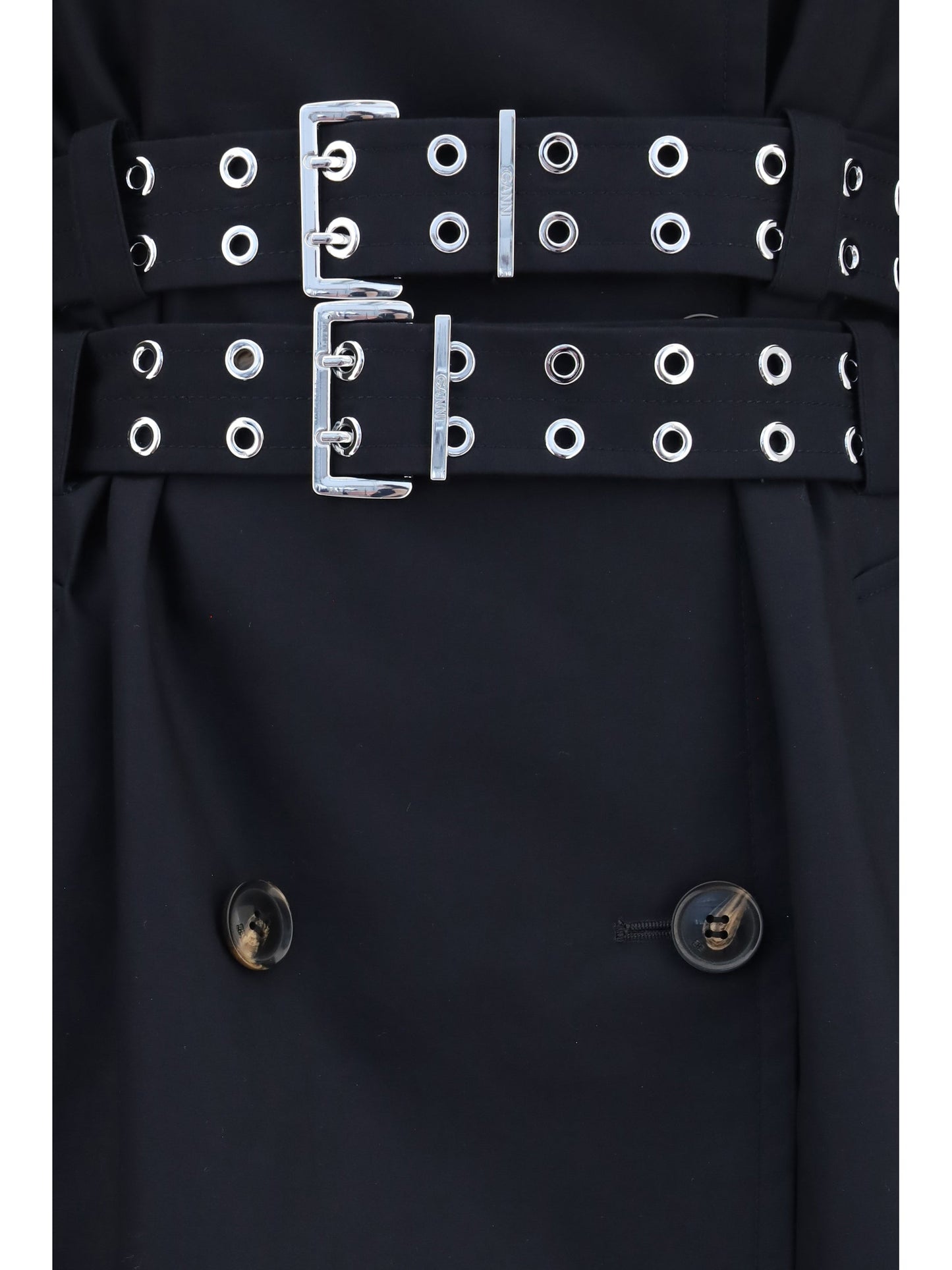 Ganni Women Double-Breasted Cotton Trench Coat With Double Belt