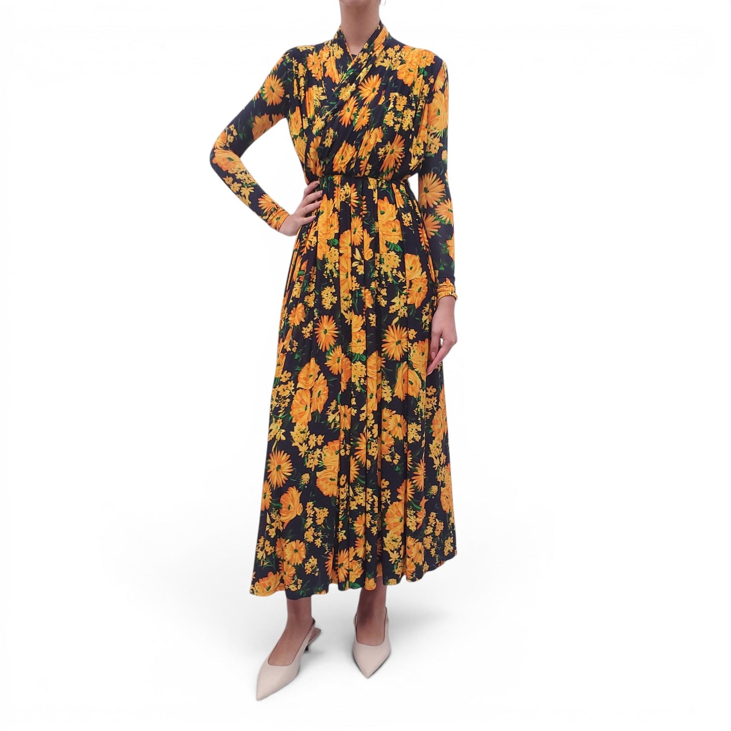 BALENCIAGA NAVY AND YELLOW FLORAL PRINT SPANDEX DRESS - SIZE 36