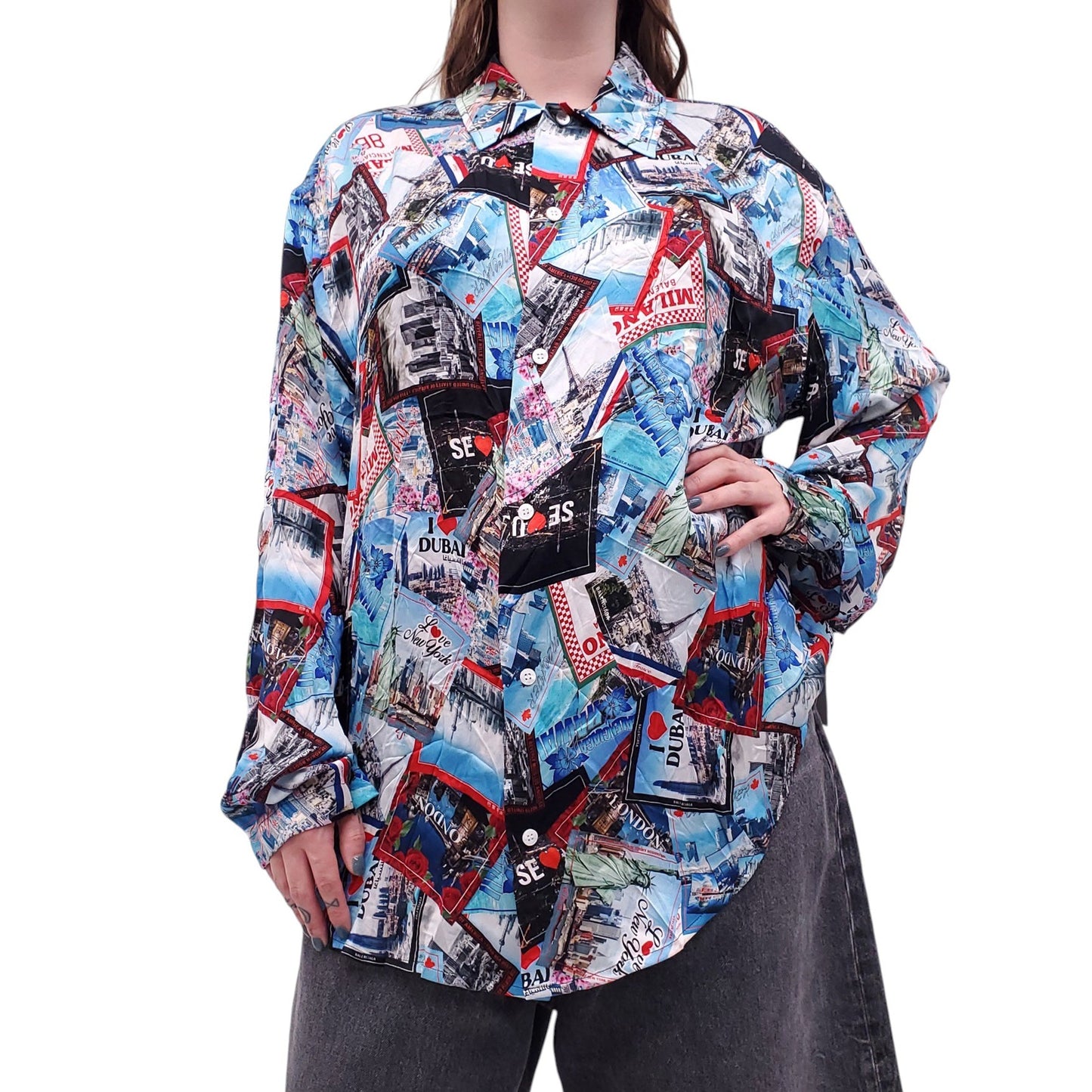 BALENCIAGA SILK CREPE WORLD CITIES SHIRT - SIZE 36