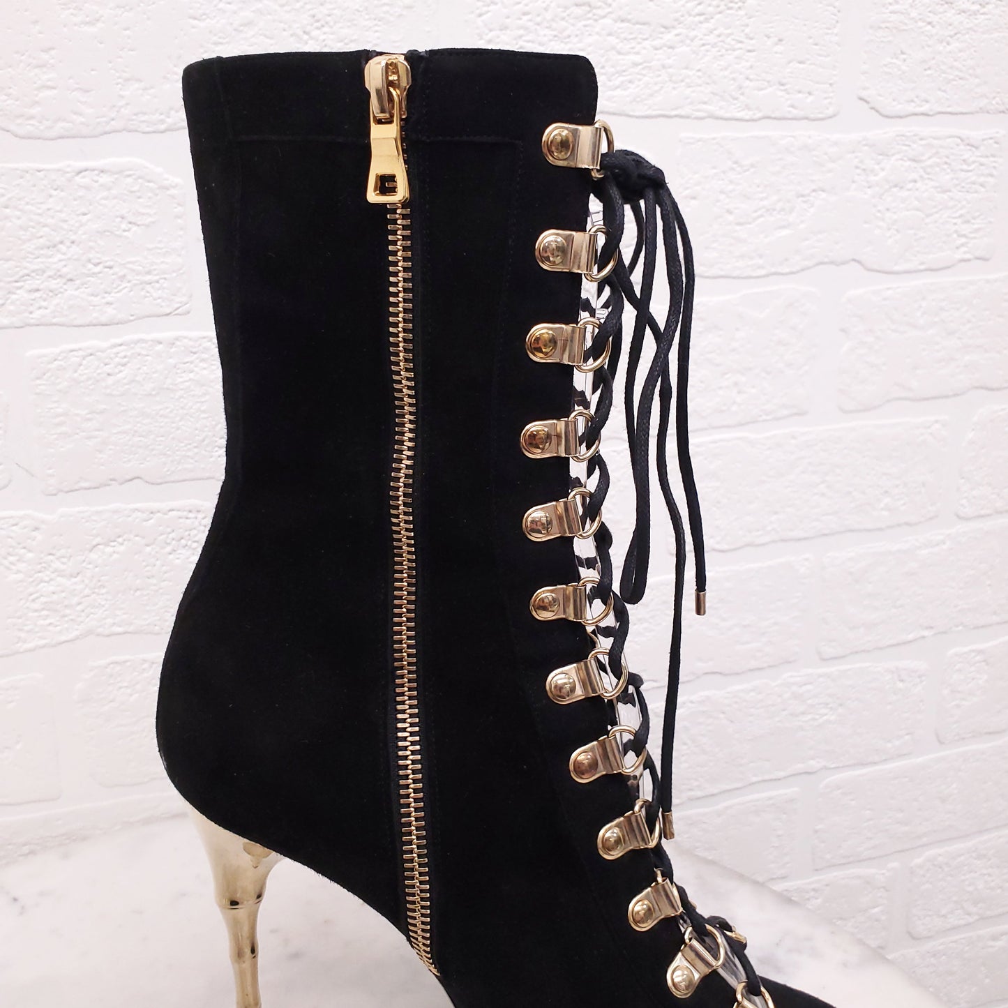 BALMAIN BLACK SUEDE LACE UP BOOTIES WITH GOLD HEEL - SIZE 37