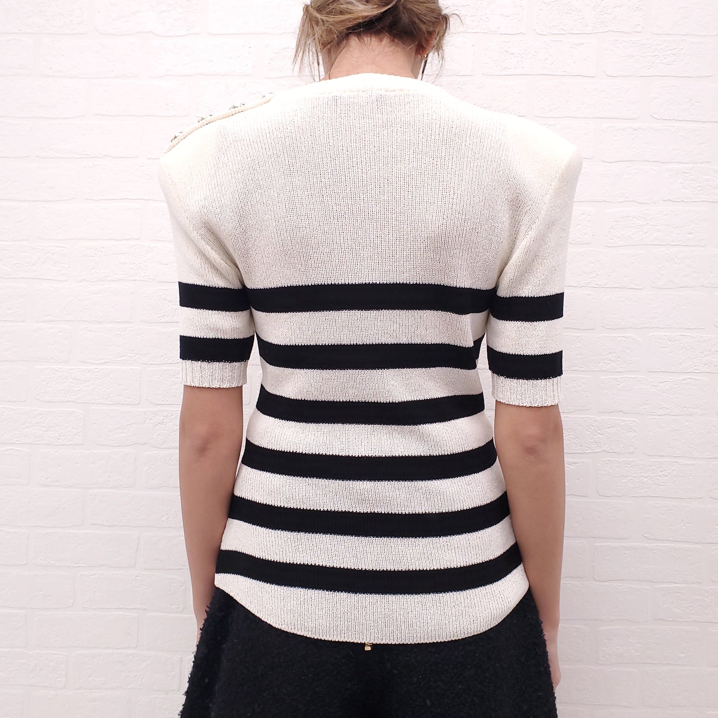 BALMAIN CREAM AND BLACK STRIPED SHORT SLEEVE SWEATER WITH LOGO BUTTONS - SIZE 38
