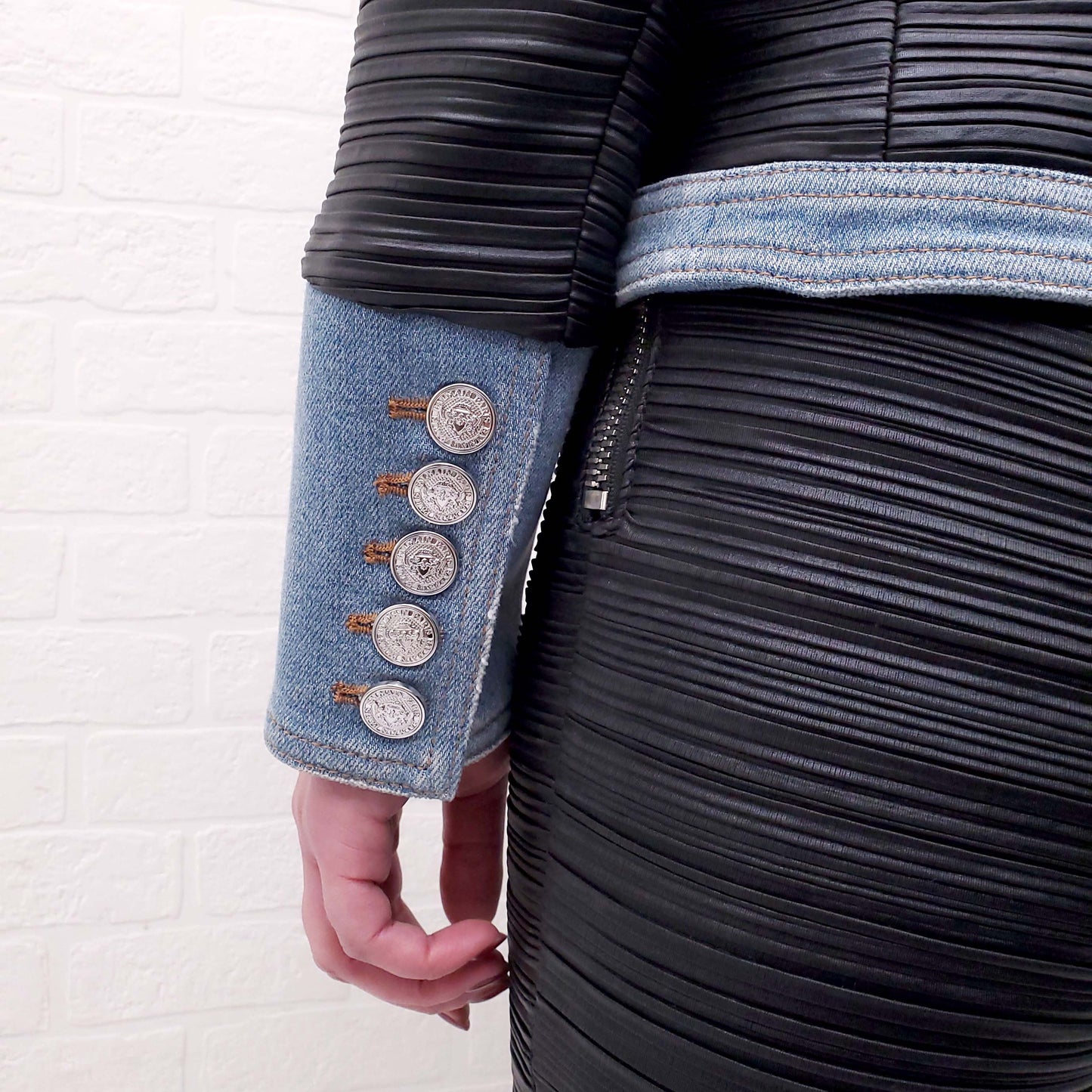 BALMAIN FAUX LEATHER DENIM JACKET - SIZE 36