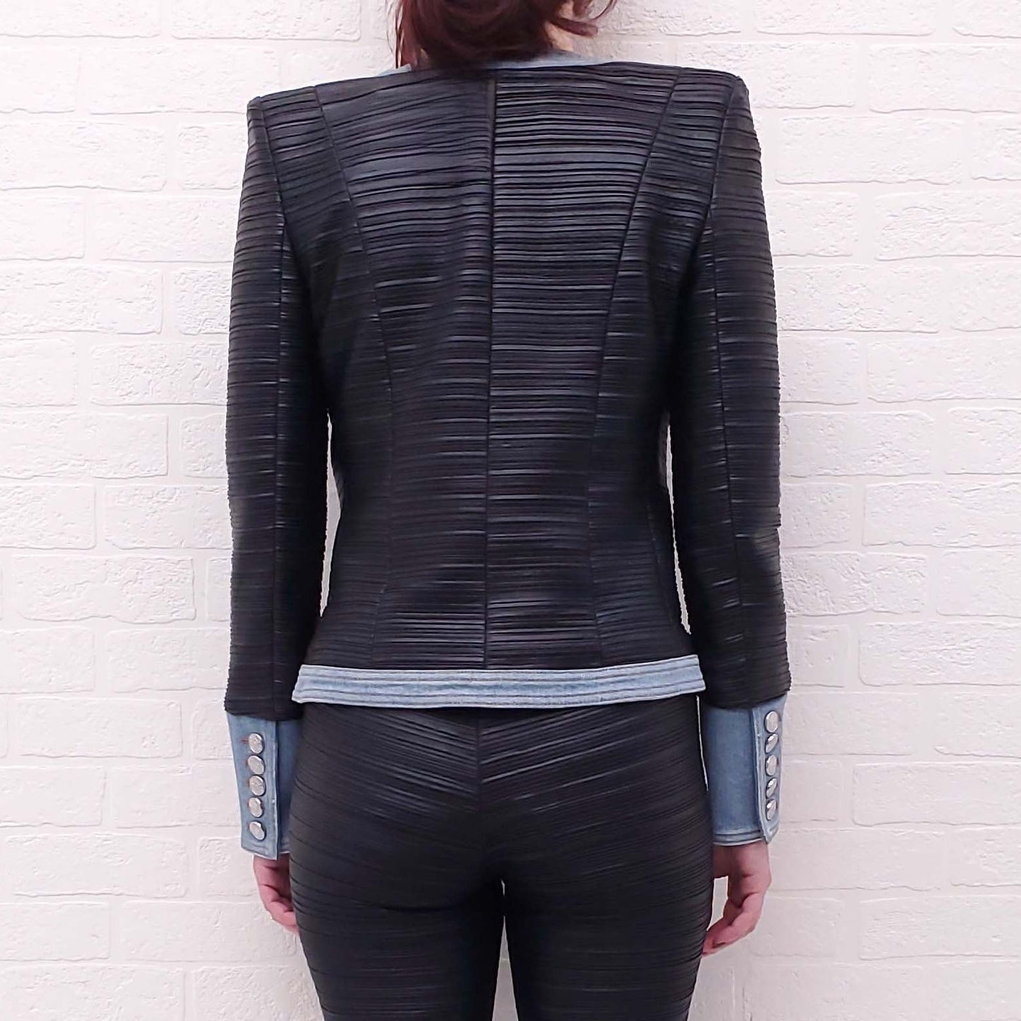 BALMAIN FAUX LEATHER DENIM JACKET - SIZE 36