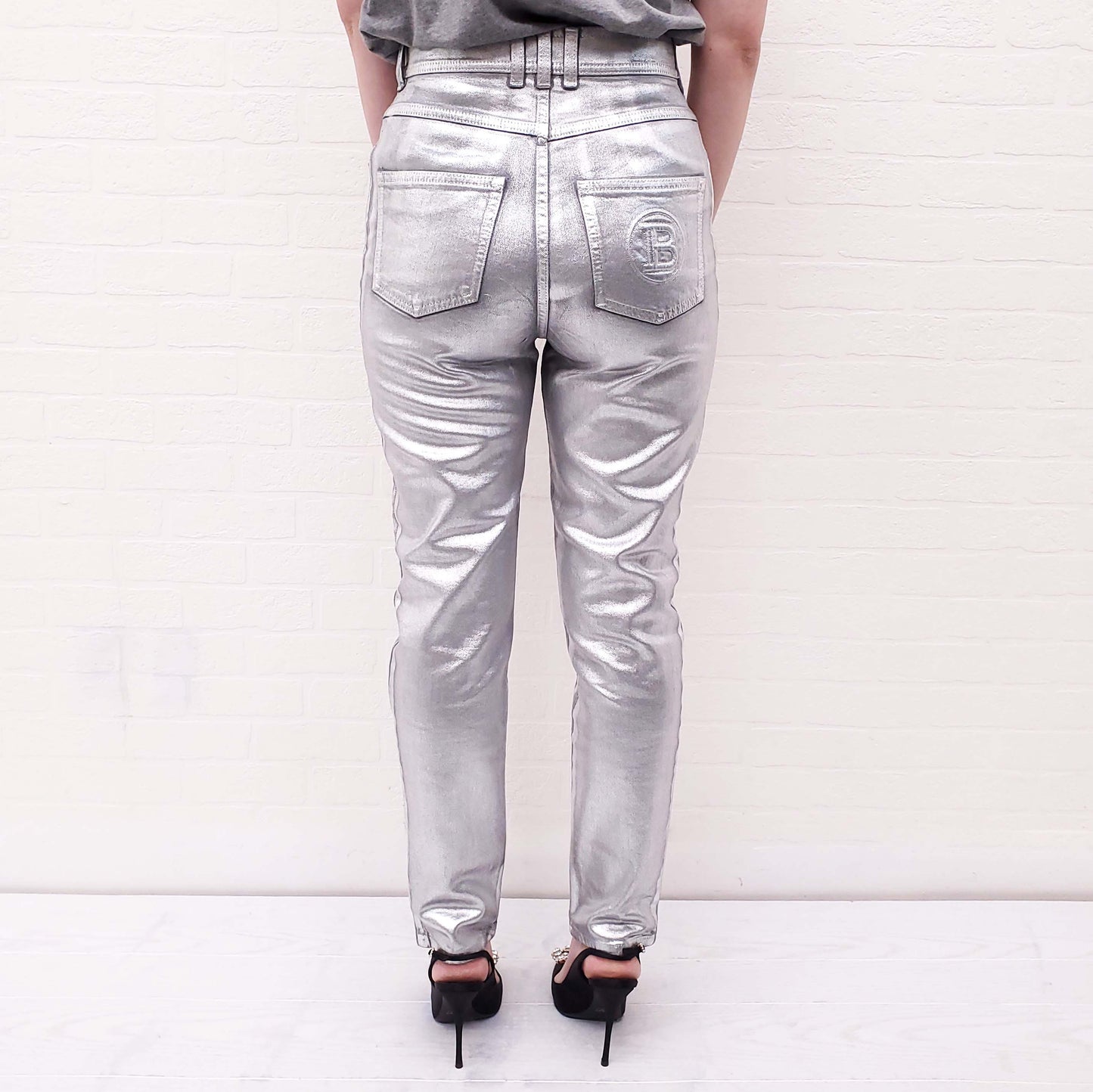 BALMAIN SILVER JEANS WITH GOLD LOGO - SIZE 38