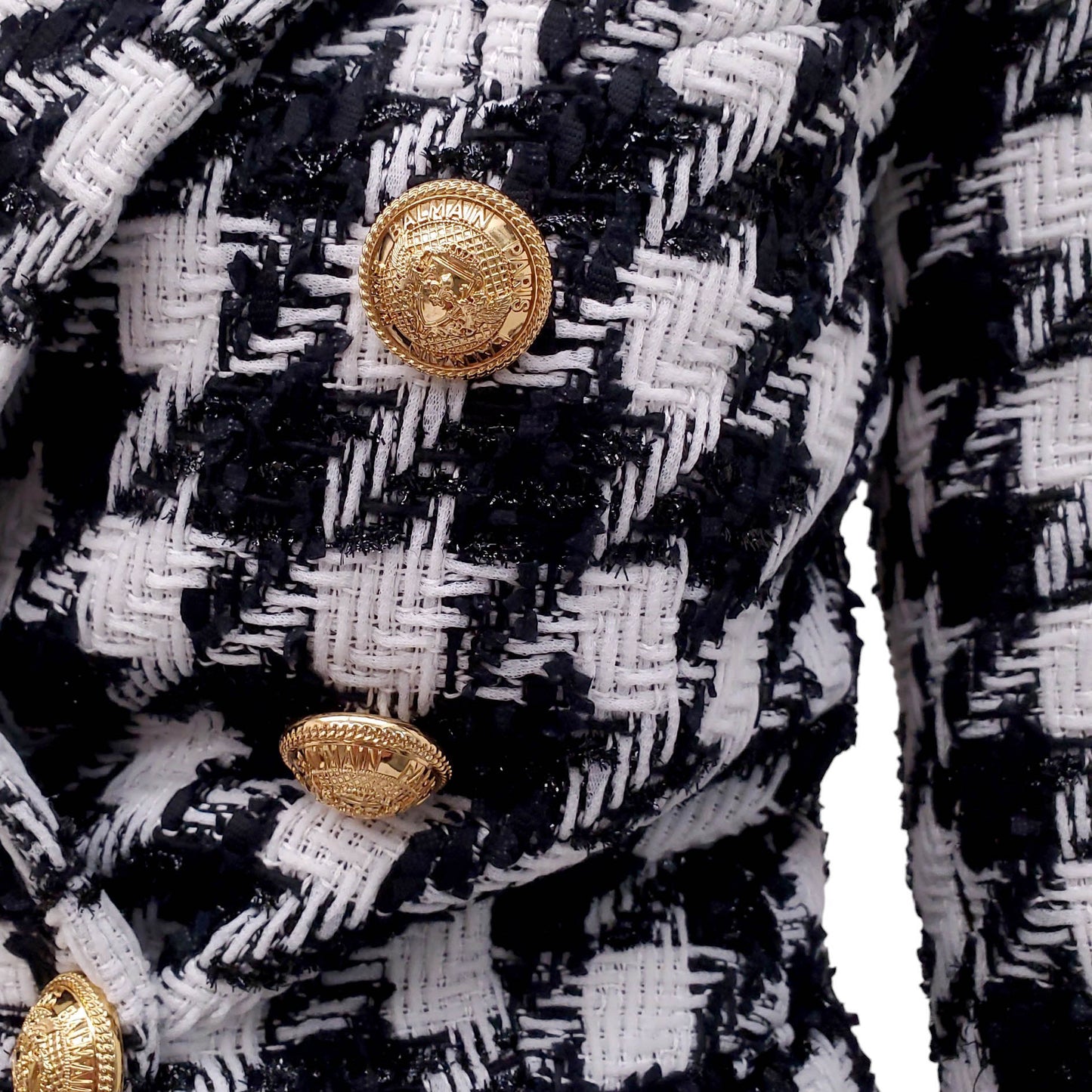 BALMAIN WHITE AND BLACK TWEED HOUNDSTOOTH BLAZER AND SKIRT SET - SIZE 36