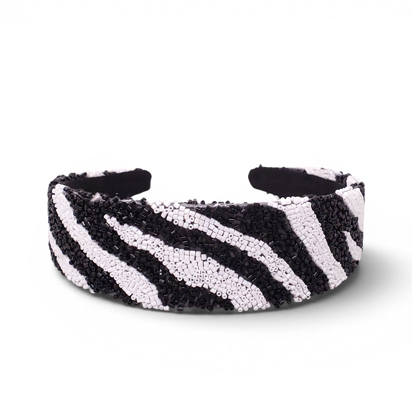 BLACK AND WHITE ZEBRA PATTERNED BEADED HEADBAND