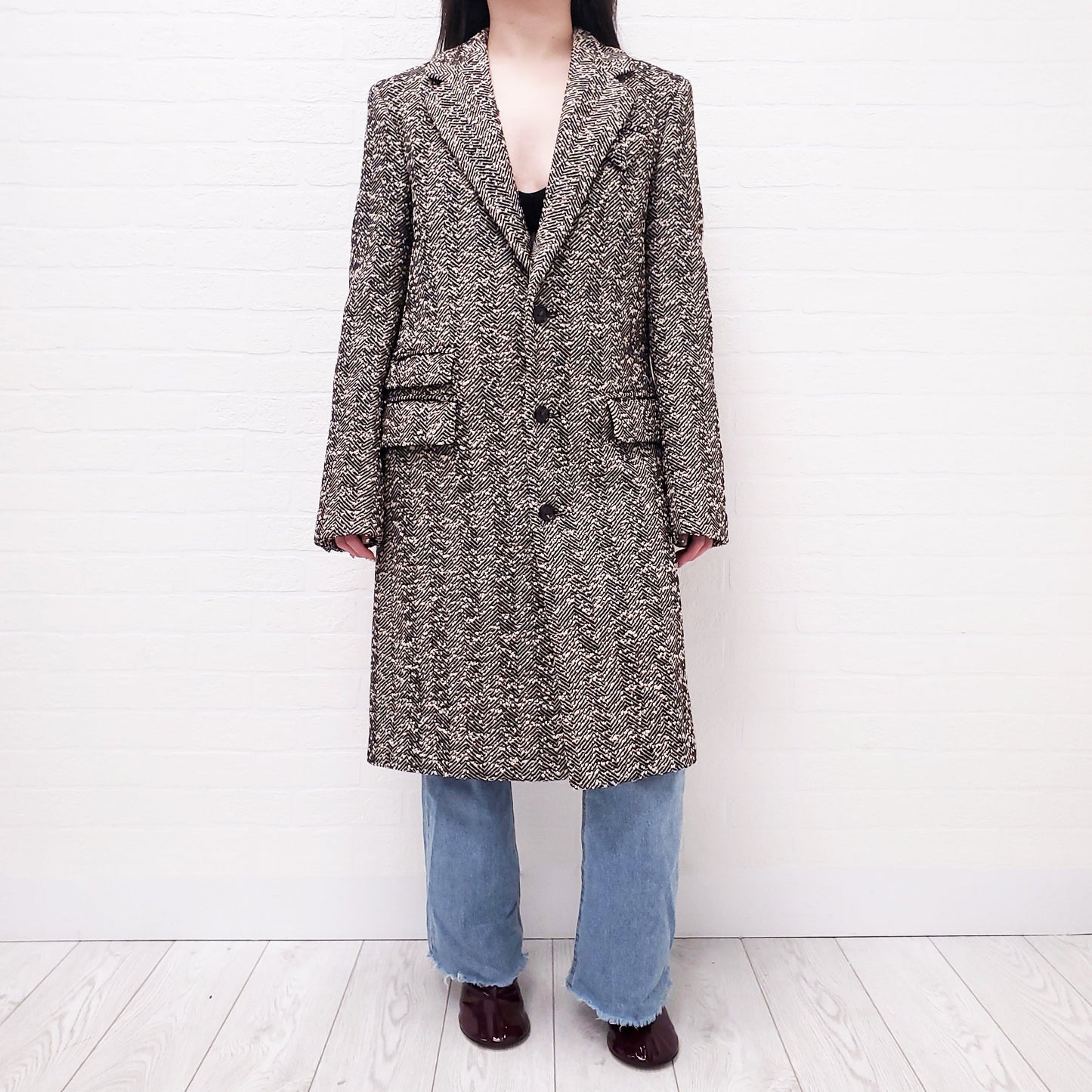 BOTTEGA VENETA BROWN HERRINGBONE LONG COAT WITH TRIANGLE POCKET - SIZE 38