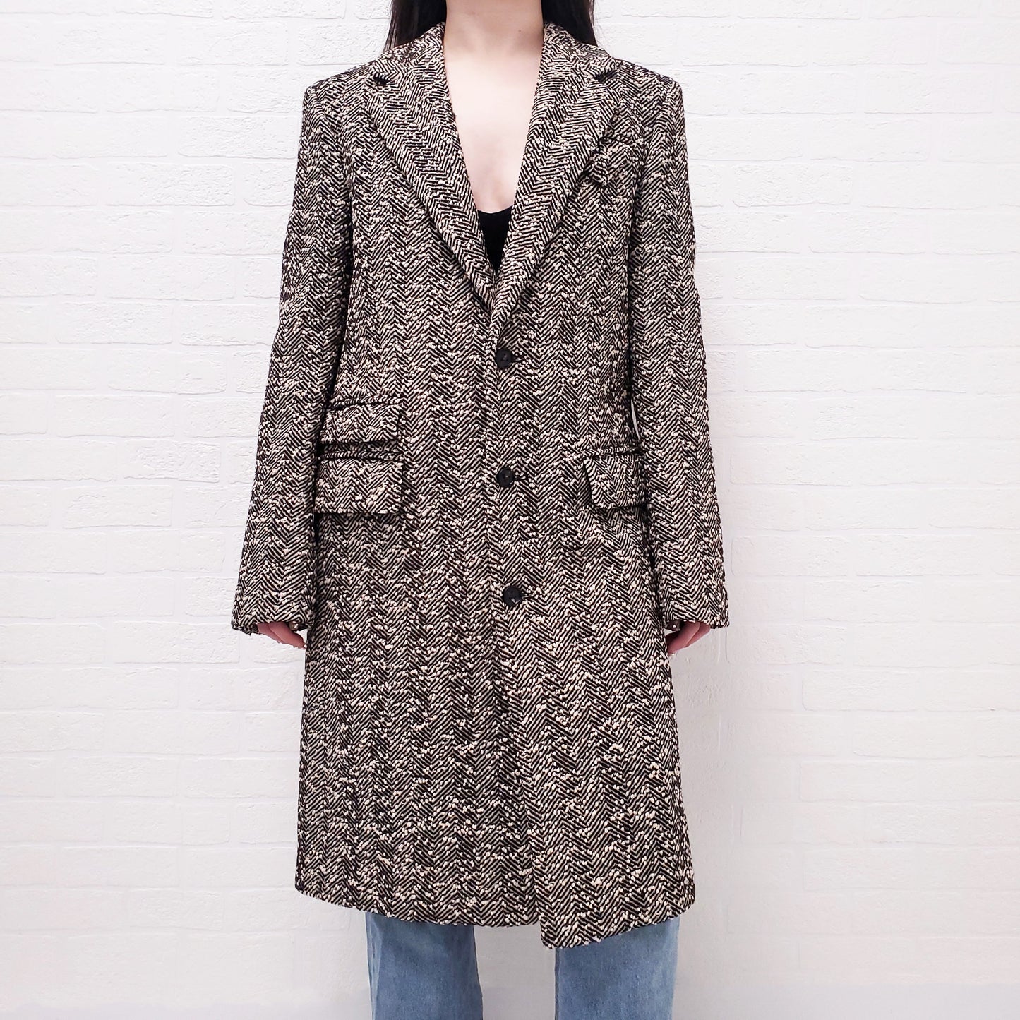 BOTTEGA VENETA BROWN HERRINGBONE LONG COAT WITH TRIANGLE POCKET - SIZE 38