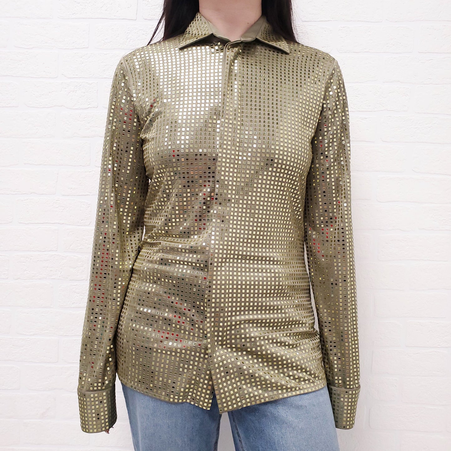 BOTTEGA VENETA GREEN SATIN SEQUIN BLOUSE - SIZE 38