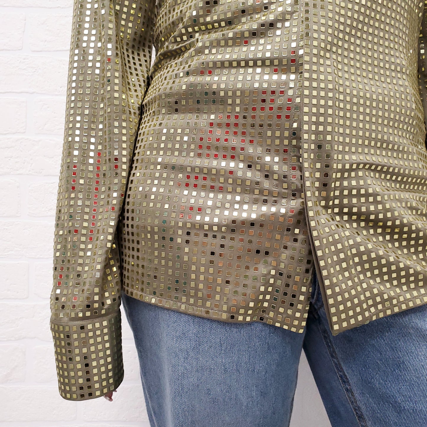 BOTTEGA VENETA GREEN SATIN SEQUIN BLOUSE - SIZE 38
