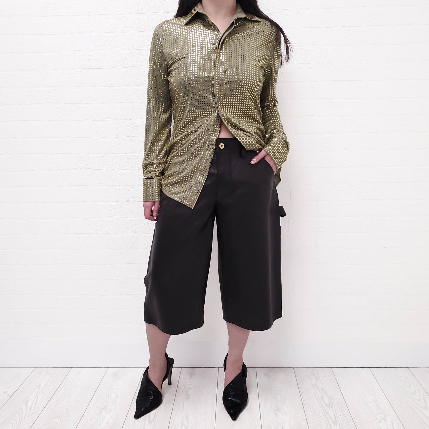 BOTTEGA VENETA GREEN SATIN SEQUIN BLOUSE - SIZE 38